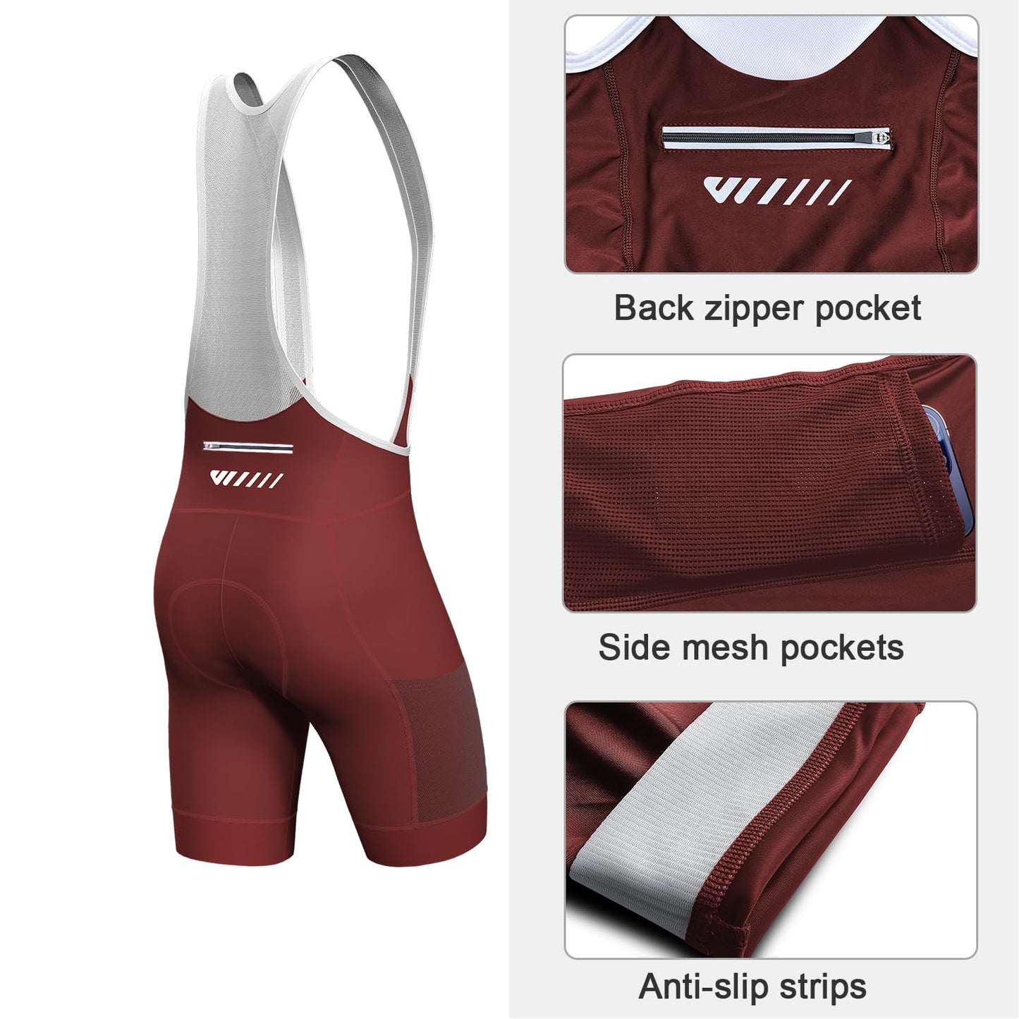 Cycling Bib Shorts Men Cycling Shorts with Shoulder Straps Bike Biking with Pockets 4D Padding Breathable Quick-Dry Red Large