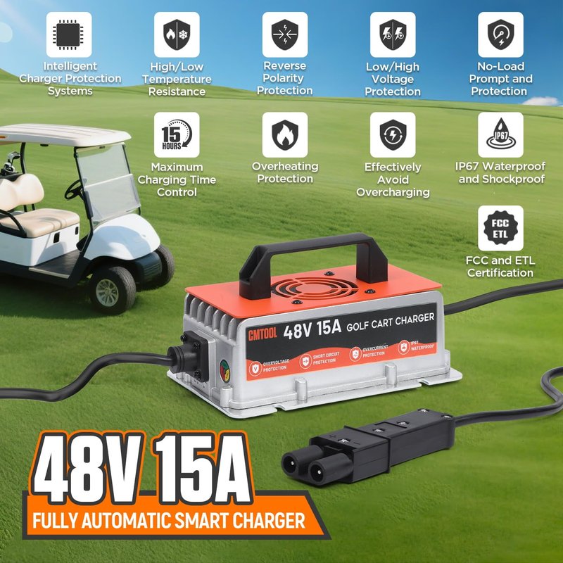 CMTOOL 48V 15A Golf Cart Battery Charger for Yamaha G19 G22, Smart Automatic Trickle Charger, 2-Pin Binocular Plug, IP67 Waterproof, for 48V Lead-Acid Batteries