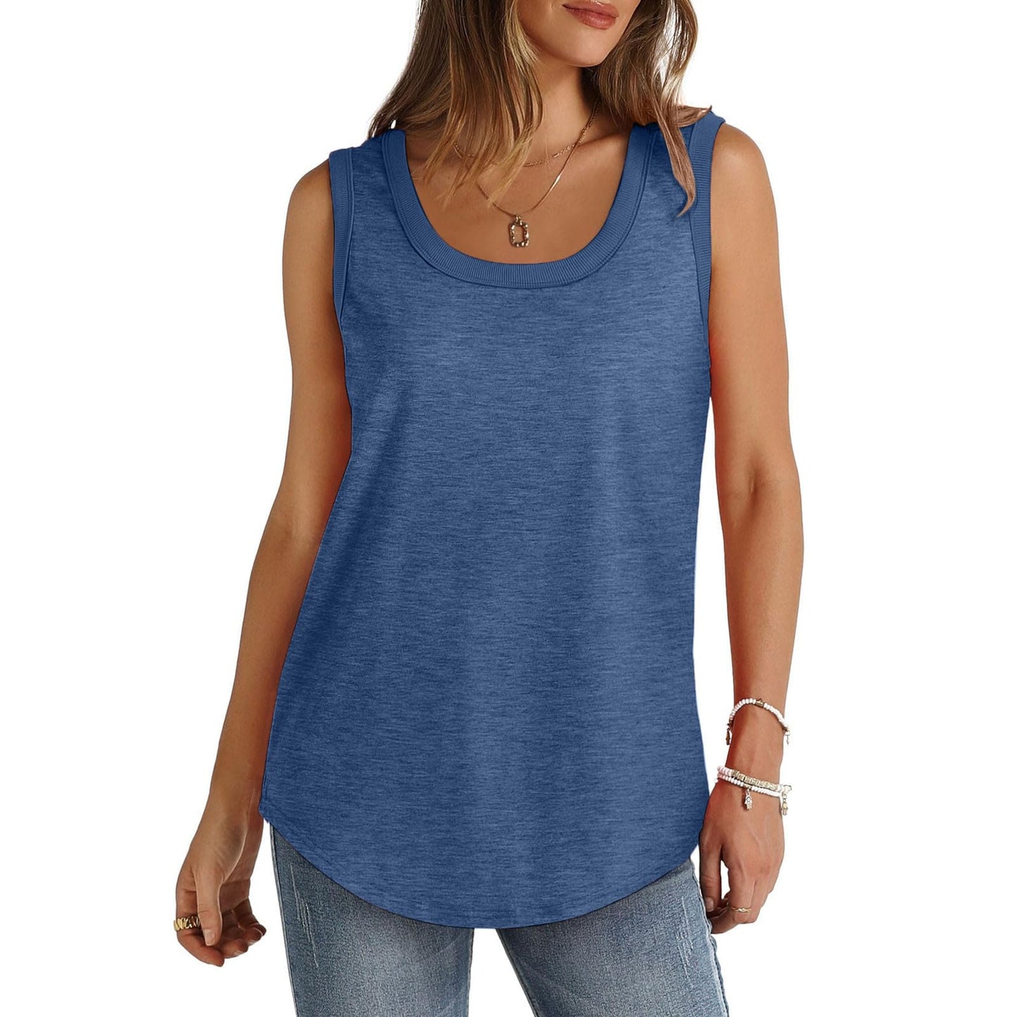 Borniu Womens Tank Tops Summer Loose Sleeveless Tops Scoop Neck Curved Hem Casual Flowy Shirt 2024 Outfits Clothes Blue