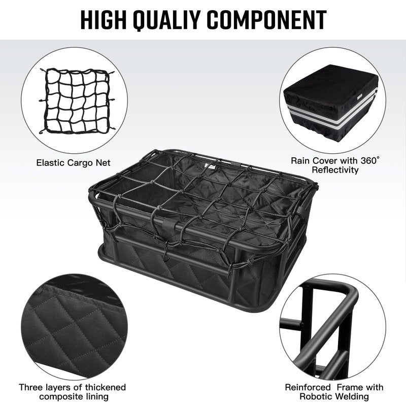 RAYMACE Bike Basket Rear Rack with Cargo Net, Liner and Waterproof Cover,Heavy Duty Bicycle Basket Perfect for Electric Bike