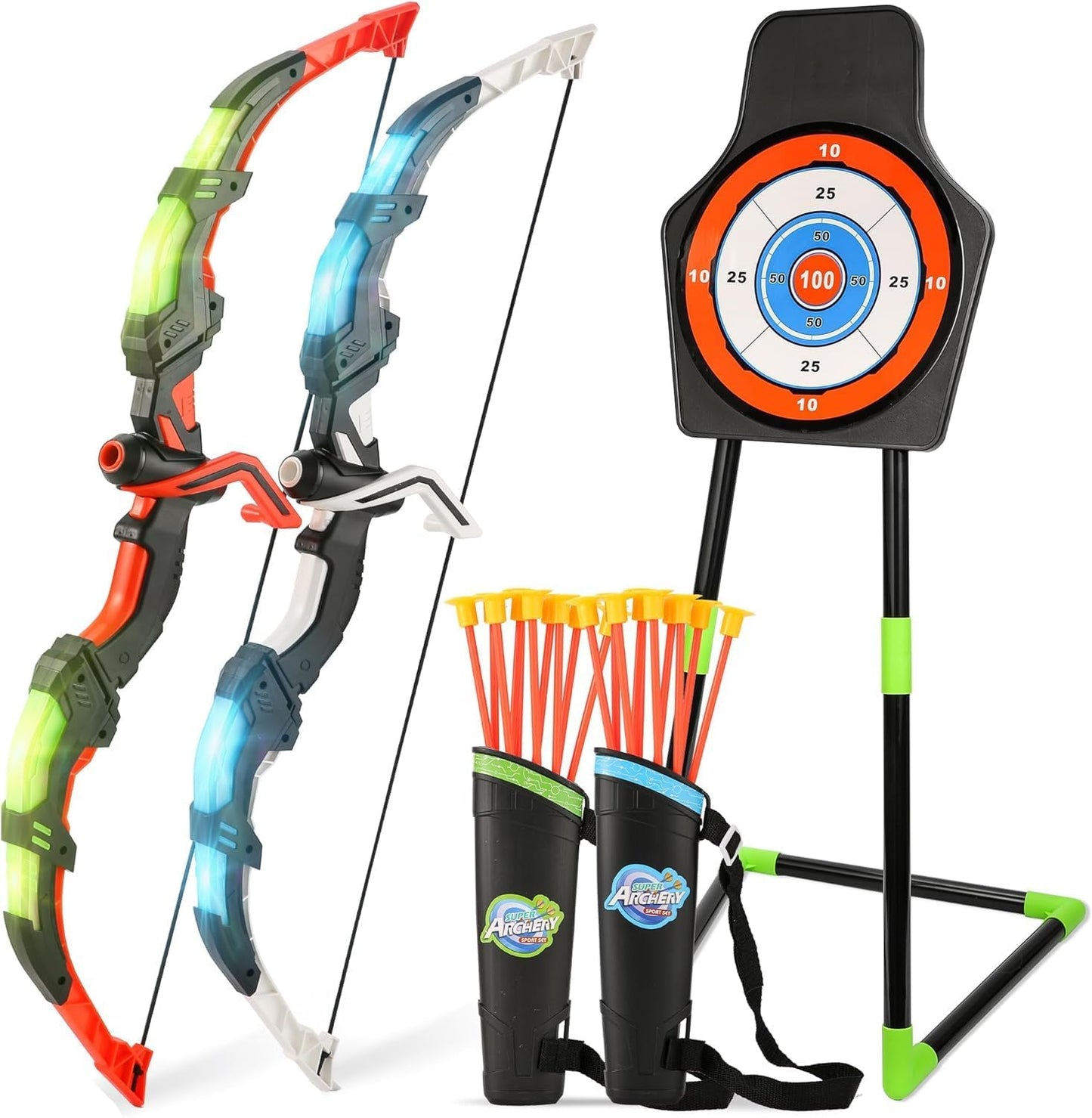 Bow and Arrow Set for Kids - LED Light-Up Archery & Basketball Hoop 2-Pack | 20 Suction Cup Arrows & Baseball Tee