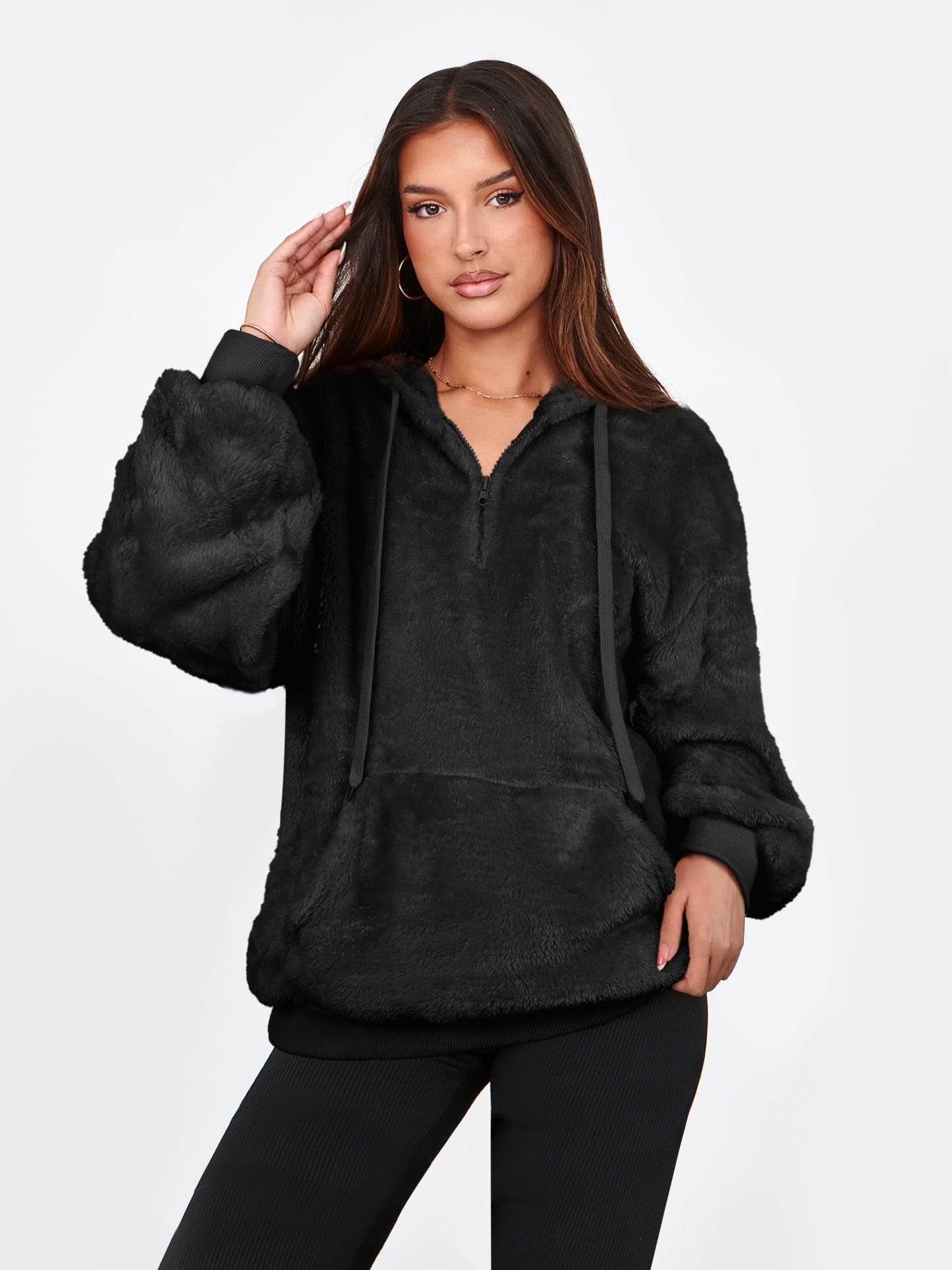 NIeyook Sherpa Fleece Hoodies for Women Fuzzy Oversized Zip up Hoodie with Pockets Casual Pullover Hooded Sweatshirt Black