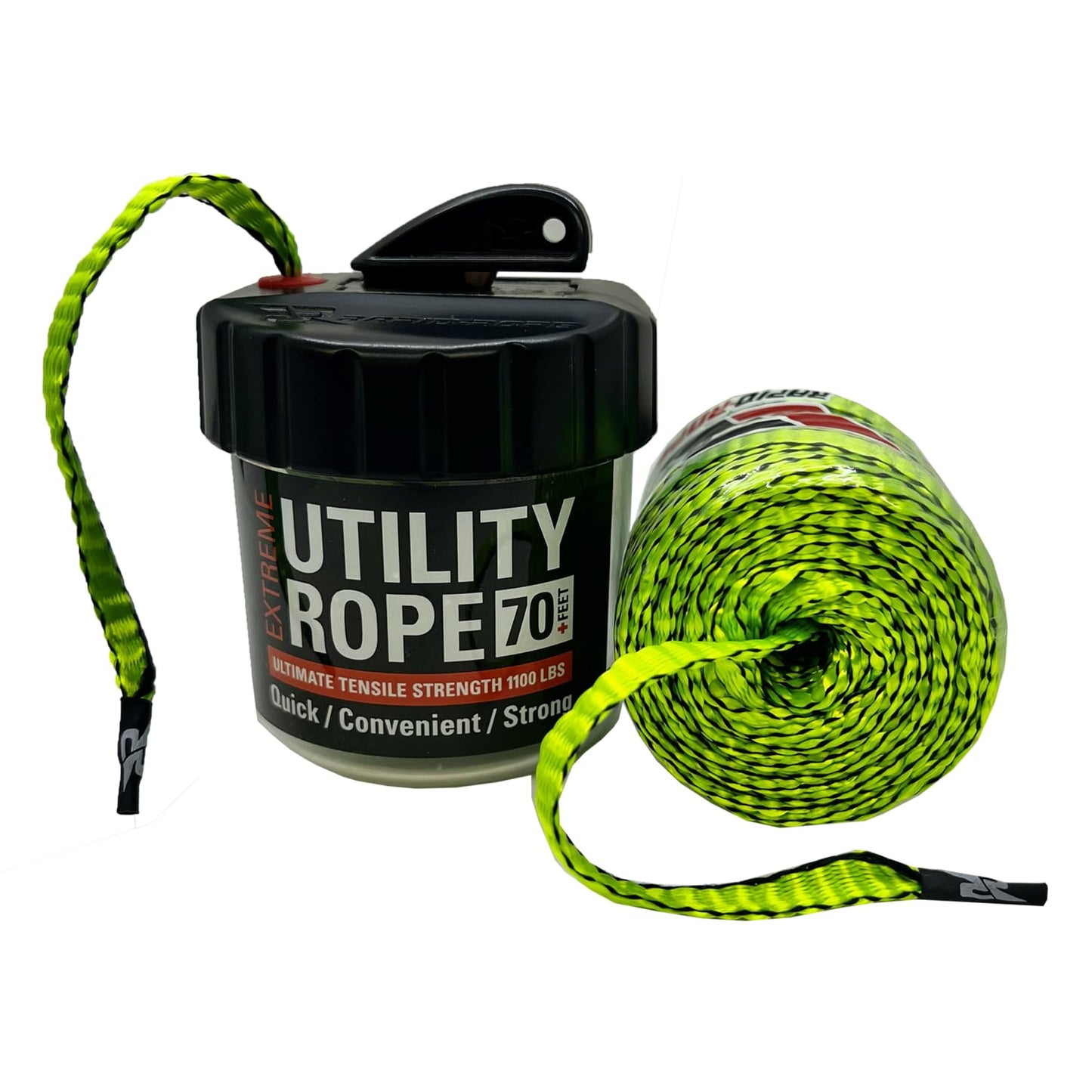 Rapid Rope Canister 70ft G2 Green Flat Tactical Paracord, Made in USA, 1100lb Tested Heavy Duty Poly Rope Test Cord, Non-Tangle Dispenser Included - Hiking, Camping, Survival, Utility, Climbing