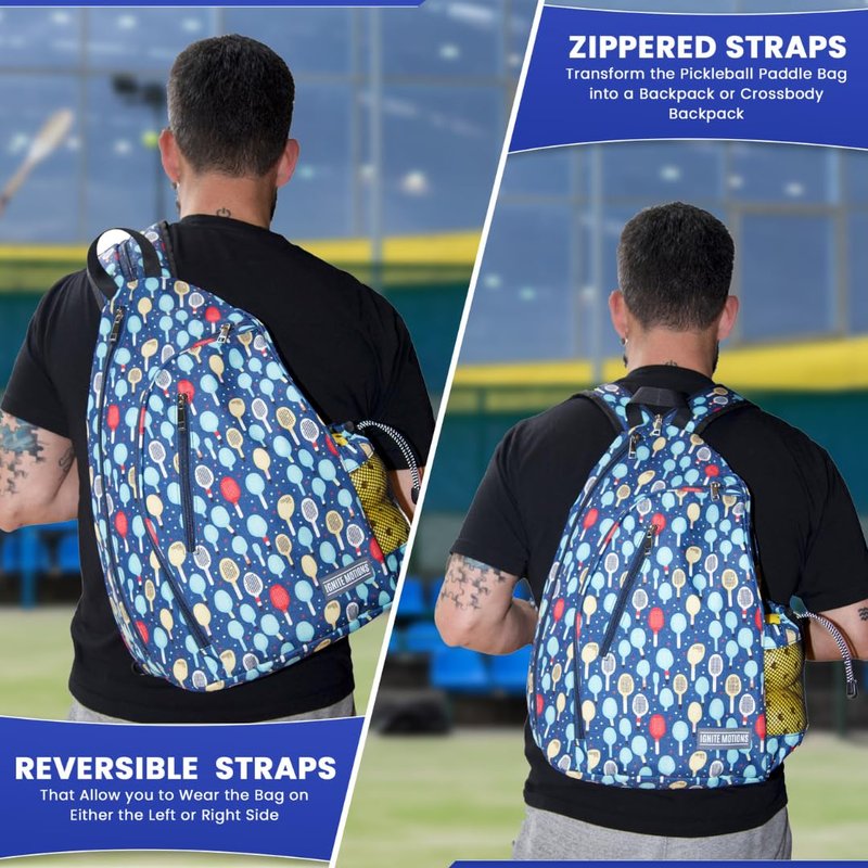 Ignite Motions Pickleball Bag – Sling Backpack with Fence Hook, Reversible Strap & Large Ball Pocket (Fits 2–4 Paddles) (Paddles)
