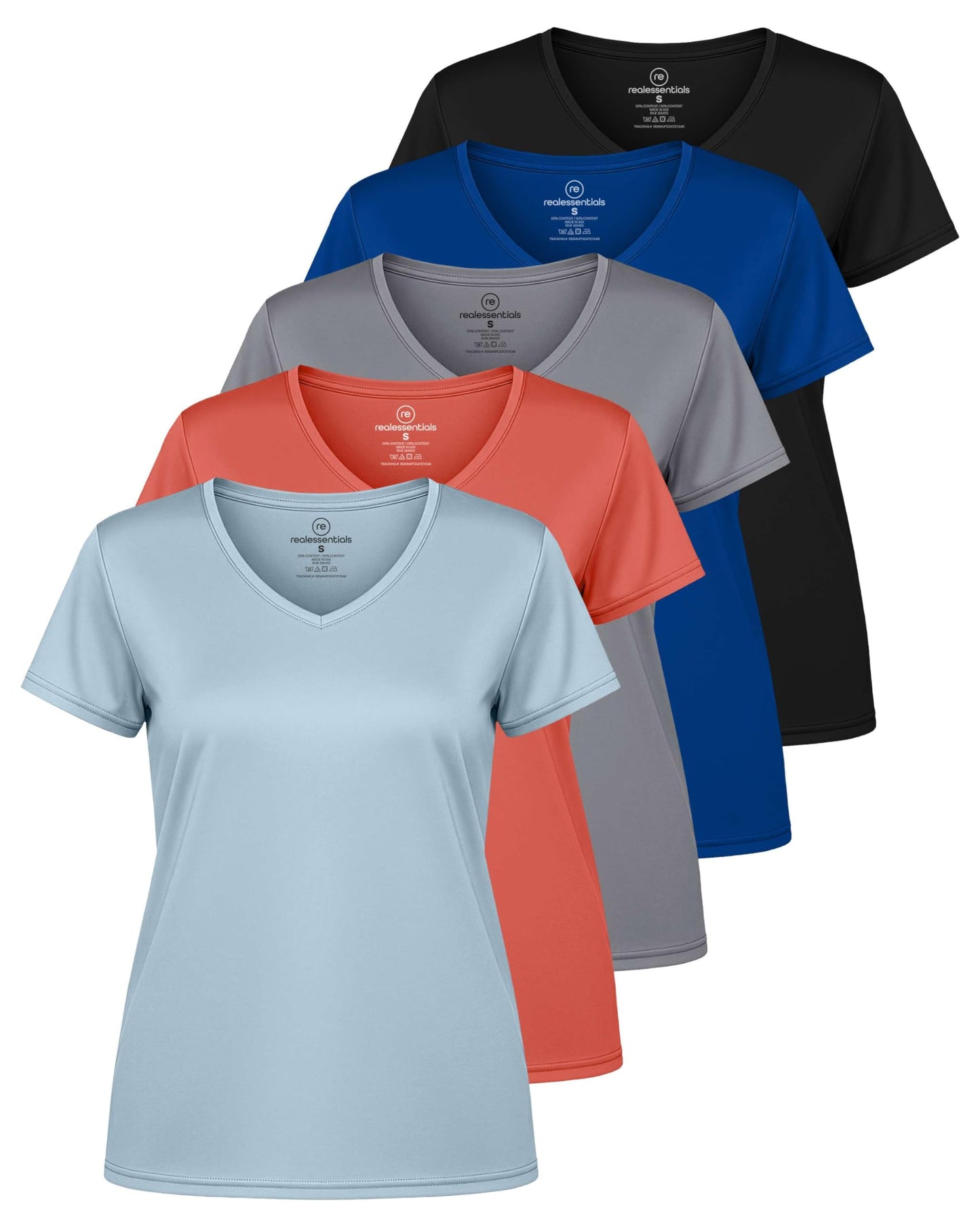Real Essentials 5 Pack: Women's Dry-Fit Short Sleeve V Neck T Shirt Workout Fitness Yoga Top Tee, Set 10, M