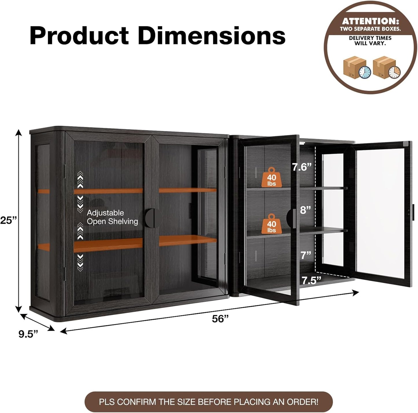 Bathroom Wall Cabinet Set of 2 - 56" Floating Display Cabinet with Glass Doors | Adjustable Shelves, Black with Golden Handles