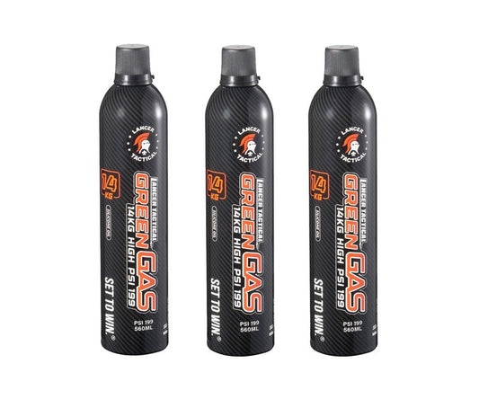 Lancer Tactical 560ml/18.9oz 14kg Powerful Green Gas High PSI G-1200 for Airsoft Pistol, Airsoft Rifle, Air Gun (Silicone Oil) -Pack of 3