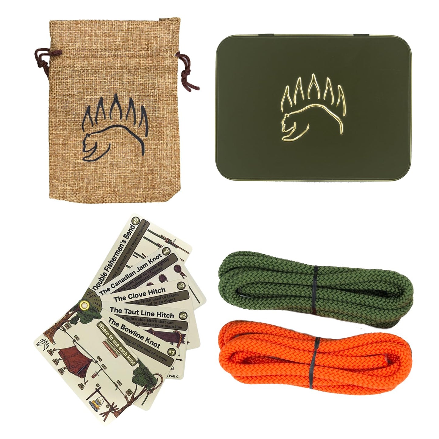 Knot Tying Kit | Camping & Outdoor Knots - by The Bear Essentials w/Waterproof Knot Tying Cards, 2 Practice Ropes, Burlap Sack, Bushcraft Tin | for Outdoors Survival, Backpacking, Hiking & Scouts