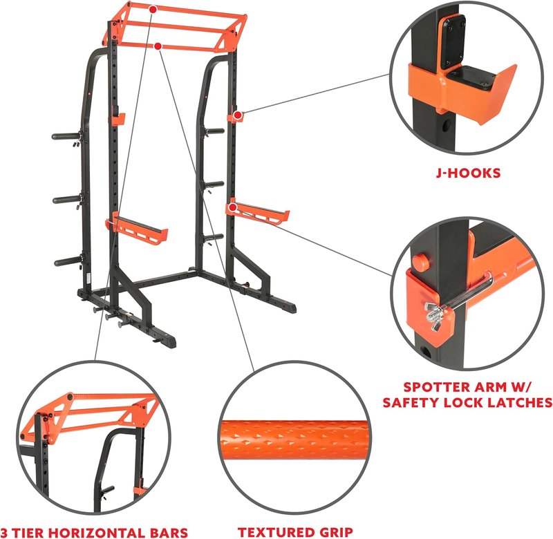 Sunny Health & Fitness Power Zone Half Rack | Heavy-Duty Performance Power Cage with Adjustable Pull-Up Bar & LAT Pull Down Attachment