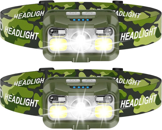 Rechargeable Headlamp - Super Bright Motion Sensor LED Headlight | 8 Modes, Waterproof, 2-Pack - Green