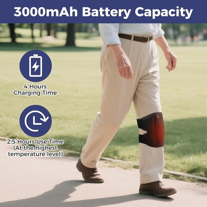 Heating Pad for Knee Cordless, Heated Knee Brace with 3000mAh Large Battery Capacity, Knee Warmer for Arthritis Injury Sprain Swelling Pain Relief, Gift for Elderly (Single)