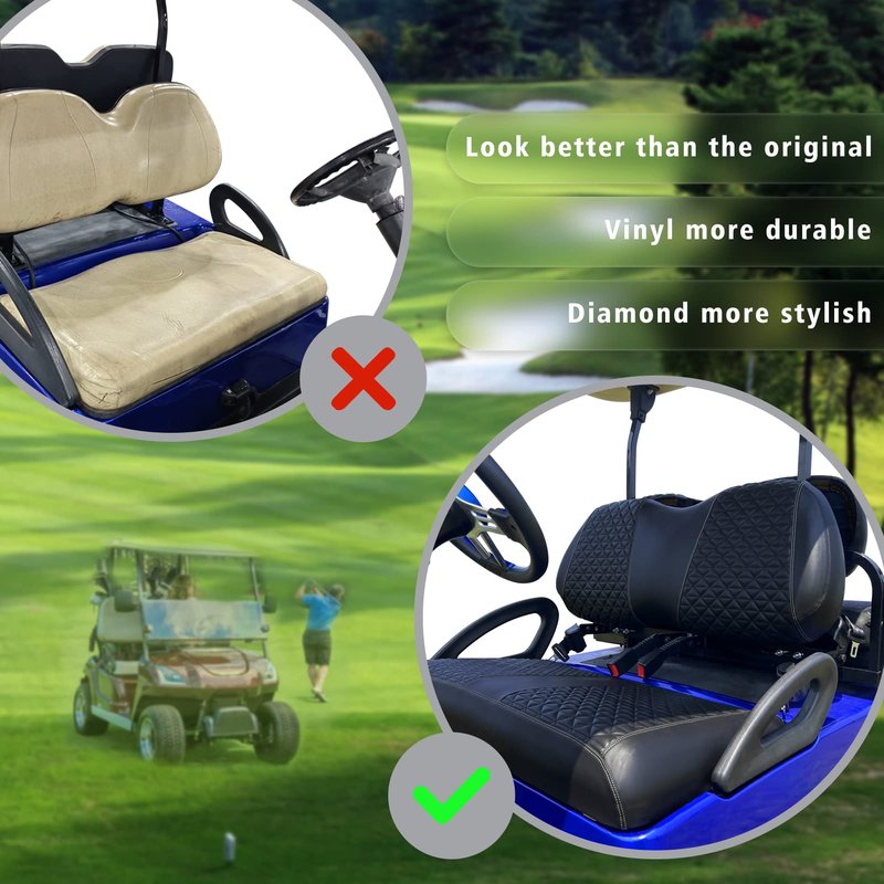 XUANYUDG0769 Golf Cart Front Seat Covers for Club Car Precedent Onward Tempo OEM Ordinary Seat Cushion, Vinyl Leather Made Adjustable Straps and Retractable Buckle/No Stapler Required - Black