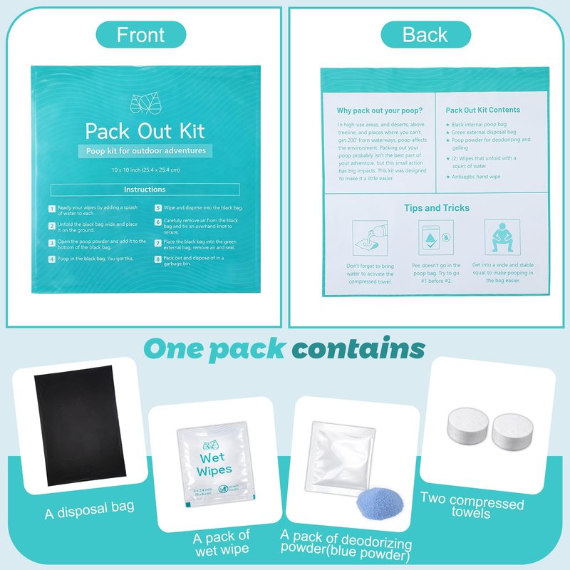 Shinylin 12 Pack Camping Poop Kit Includes Wet Wipes, Hand Wipes, Smell Disposal Bags, Poop Powder for Odor and Human Waste Bags for Camping Boating and Backpacking