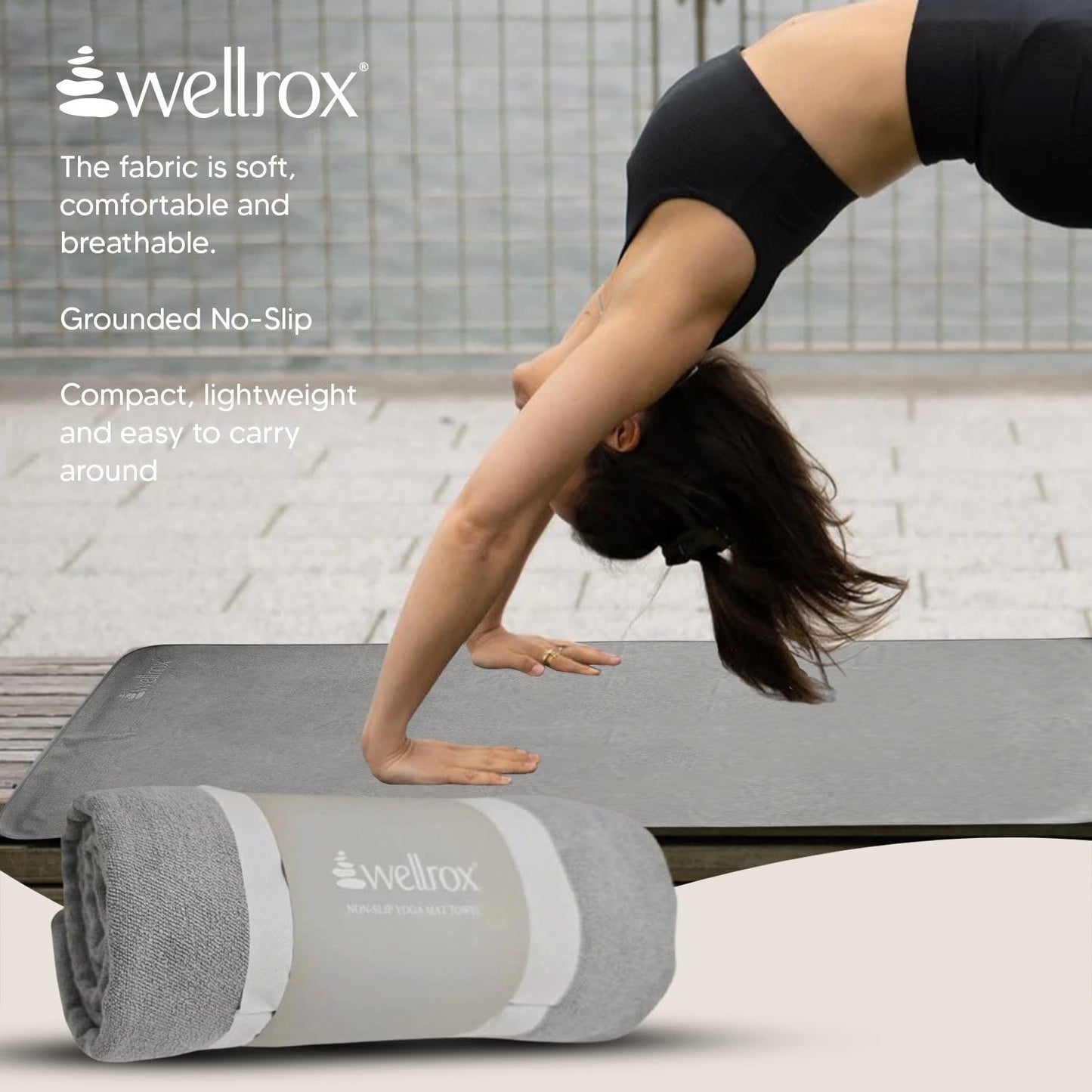 Wellrox Yoga Mat Towel- Anti-Slip, Microfiber Yoga Towels for Hot Yoga Non-Slip- Prevent Injury & Absorb Sweat- 74” x 26” (Grey)