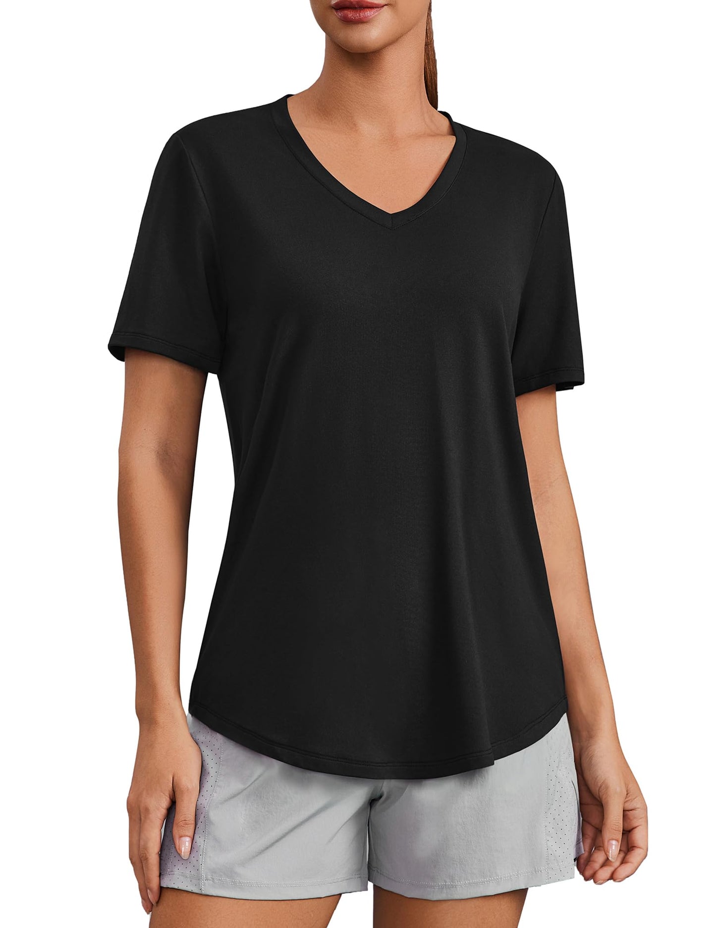 PINSPARK Workout Tops for Women Short Sleeve V Neck Moisture Wicking Gym Shirts Quick Dry Athletic T-Shirts for Running Hiking,Black Small