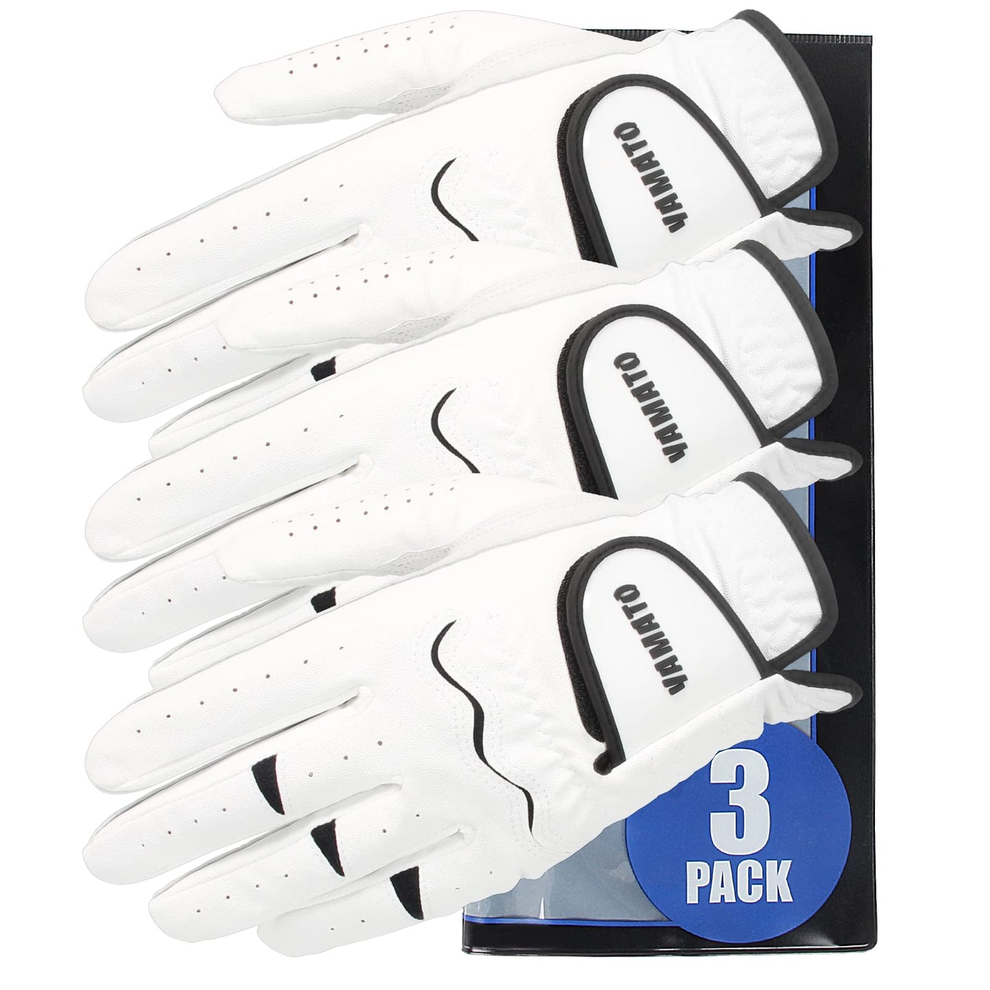 Yamato 3 Pack Men's Golf Gloves - Durable White Cabretta Leather, All Weather, Right Handed, Breathable, Grip Soft Comfortable for Golfers
