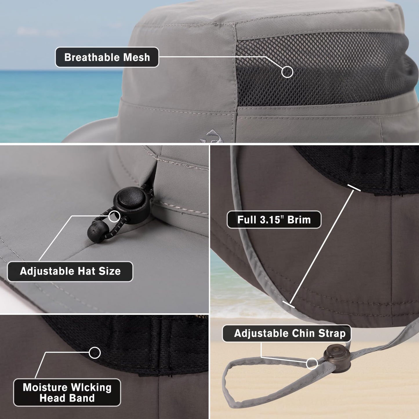 TOP-EX XXL Sun Hat for Men Big Head, Breathable Wide Brim Floppy Foldable Hat, UPF 50 Adjustable Fit, Outdoor Fishing Large Head Cap, Grey (XL/XXL 25.2"-26.0")