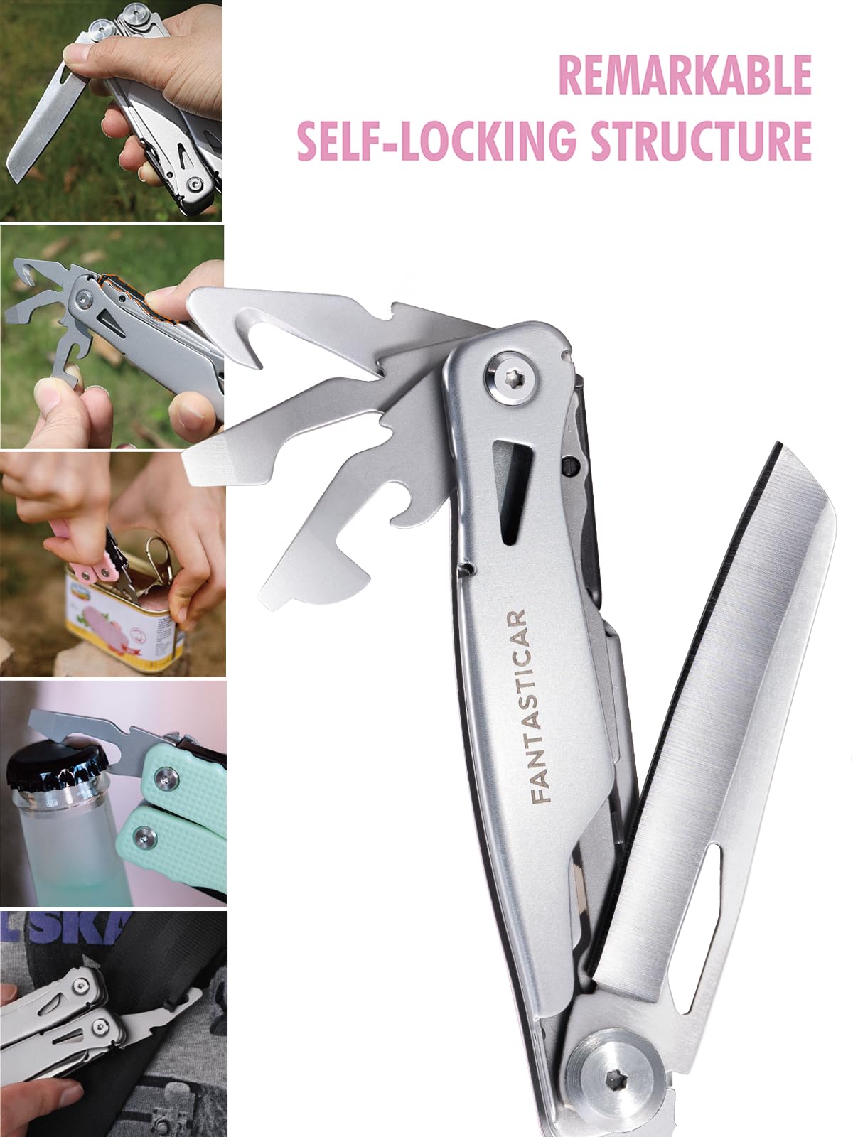 FantastiCAR 14 in 1 Multitool Pliers, Versatile Pocket Knife with Scissors, Knife Blade, Screwdriver, Bottle Opener, and Ideal for House or Camping Essentials, Holiday Gift Packaged (Pink)