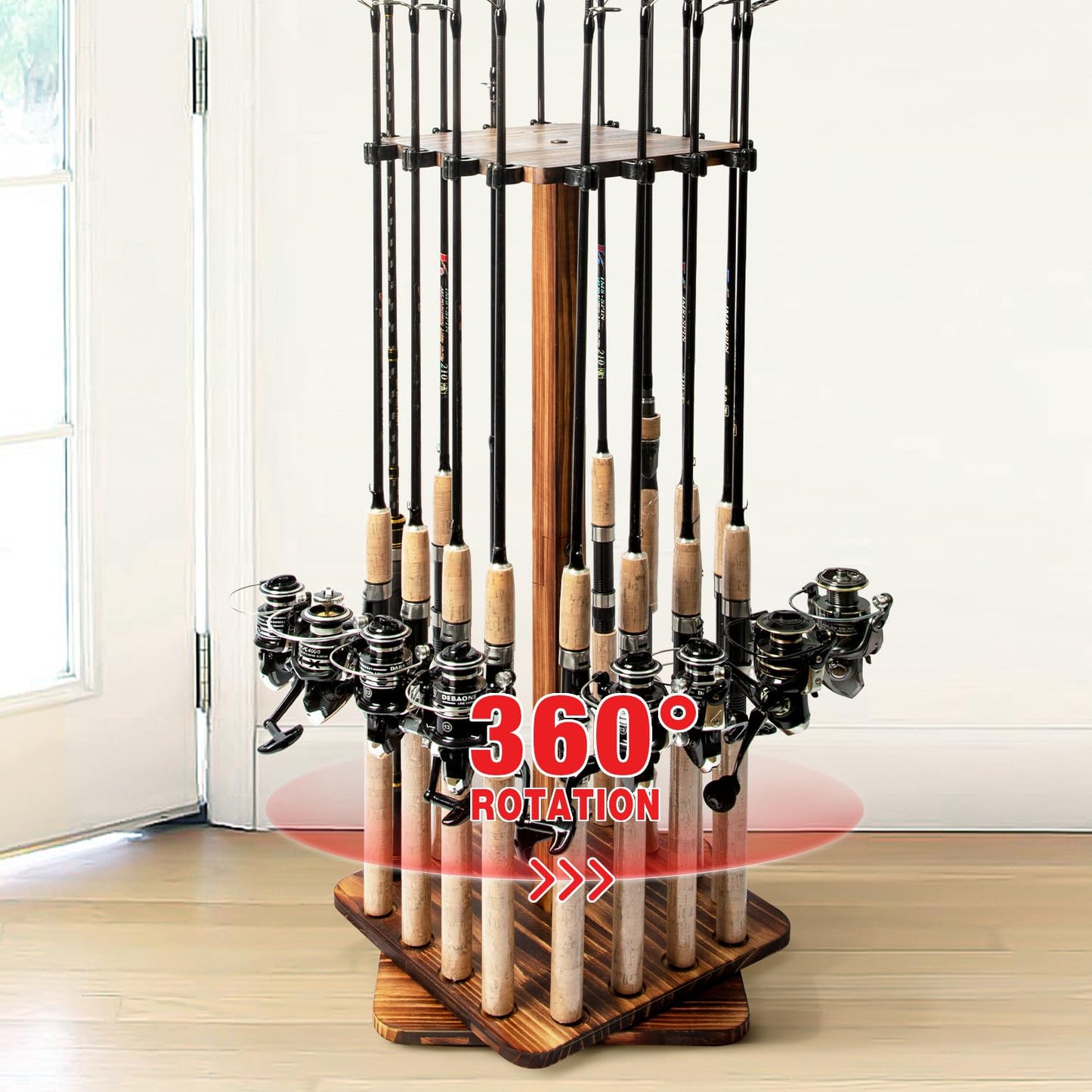 Ghosthorn Rotating Fishing Rod Holder for Garage,Wood Floor Stand Pole Rack
