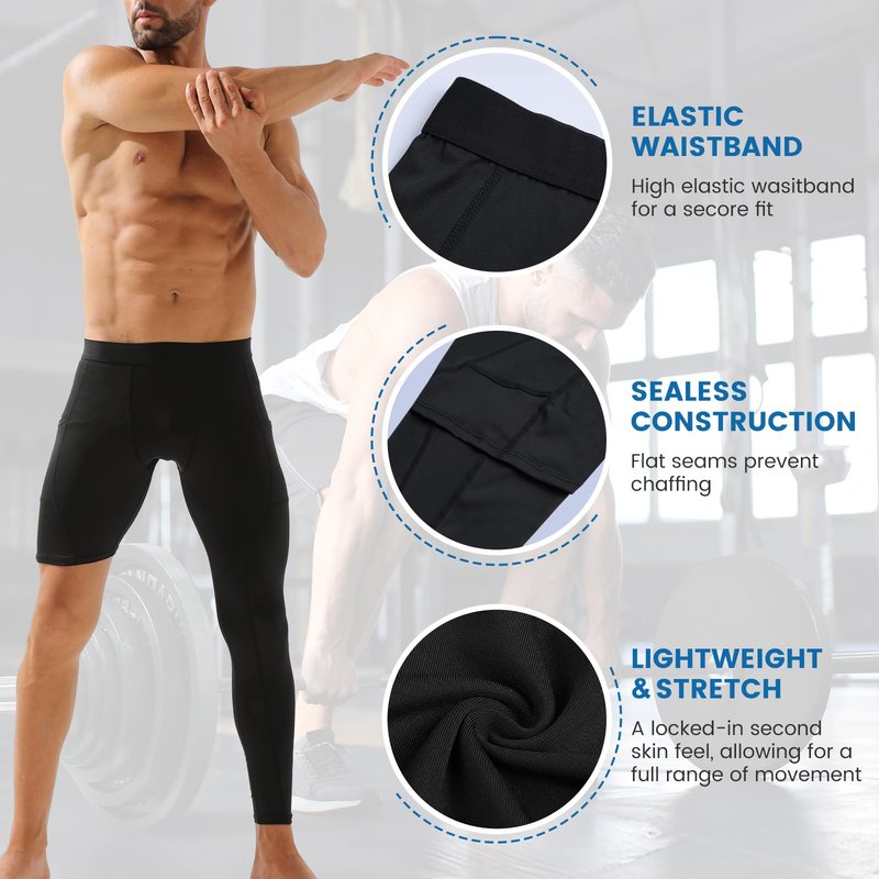 Blaward 2 Pack Men's Compression Pants Single Leg Tight Sports Long Pants with Pockets for Basketball Base Layer Leggings
