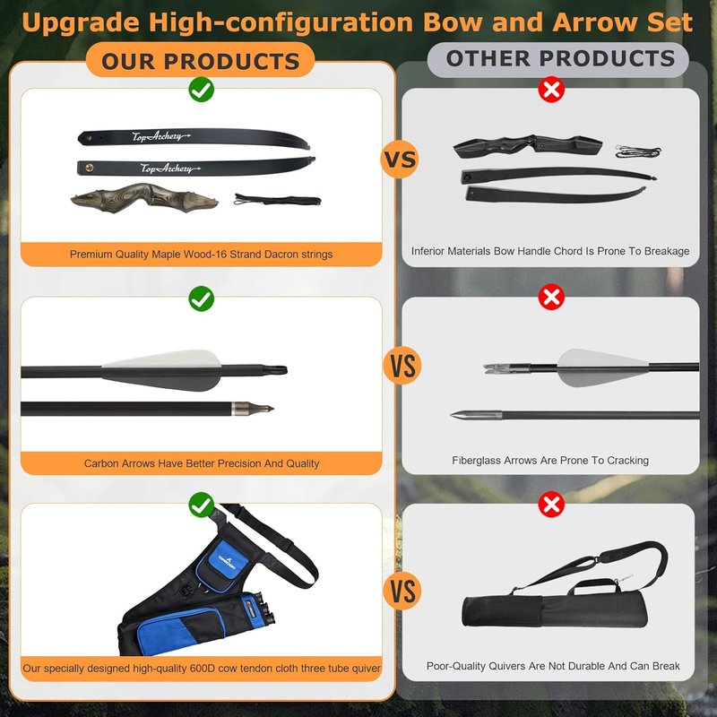 60'' Archery Recurve Bow and Arrow Set - Right Hand 30-50lbs for Adult Target Practice | Includes 6 Fiberglass Arrows