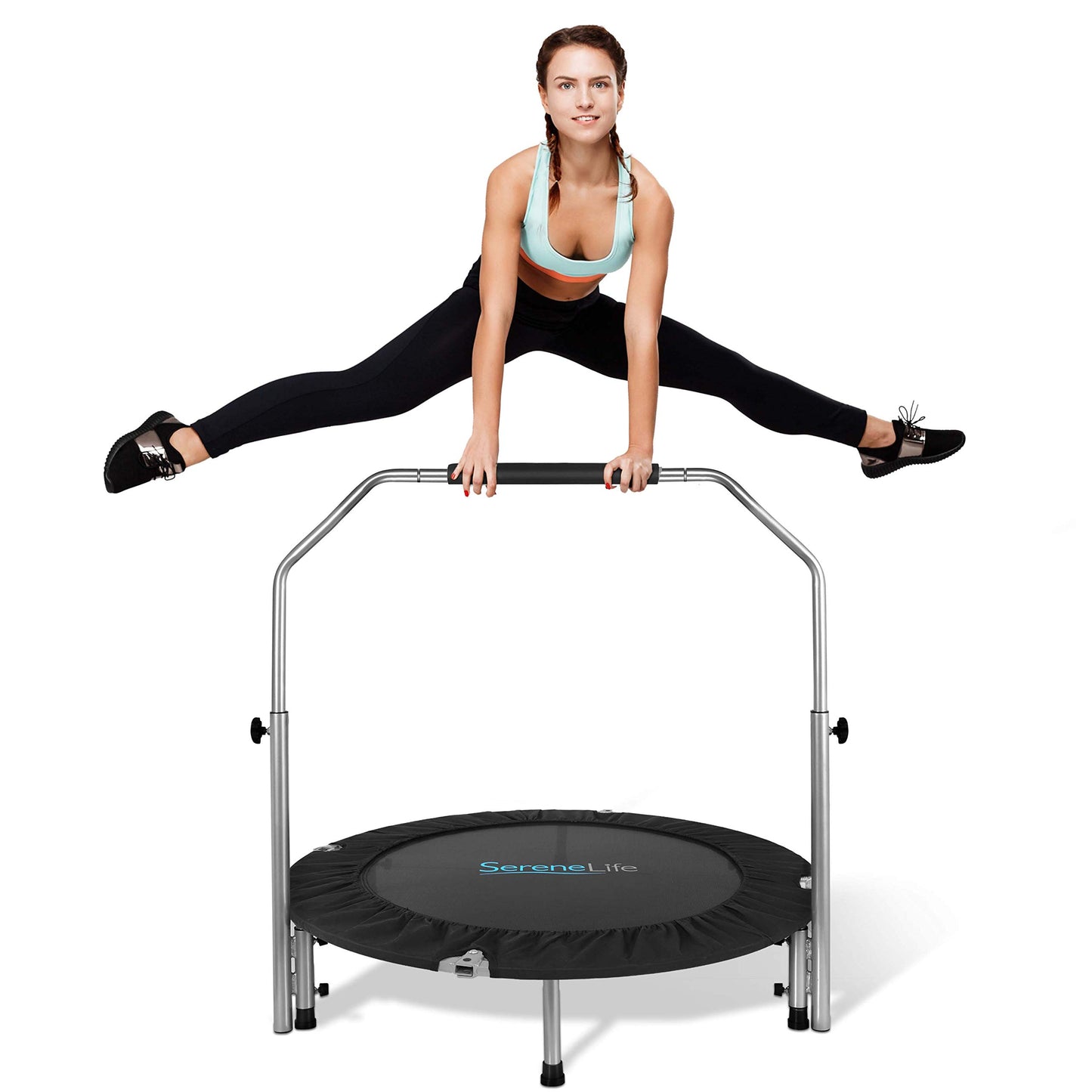 SereneLife 50" Trampoline - In-Home Cardio Fitness Rebounder with Adjustable T-Bar Handle, Silent Heavy Duty Exercise Trampoline for Adults