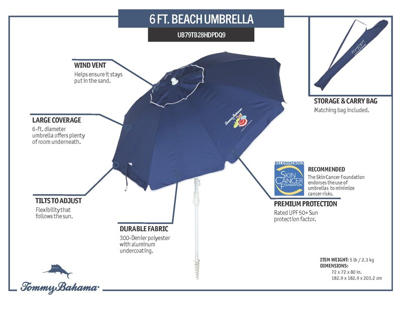 Tommy Bahama 6' UPF 50+ Tilt Beach Umbrella with Integrated Sand Anchor, Wind Vent, and Carry Bag, Multi Stripe