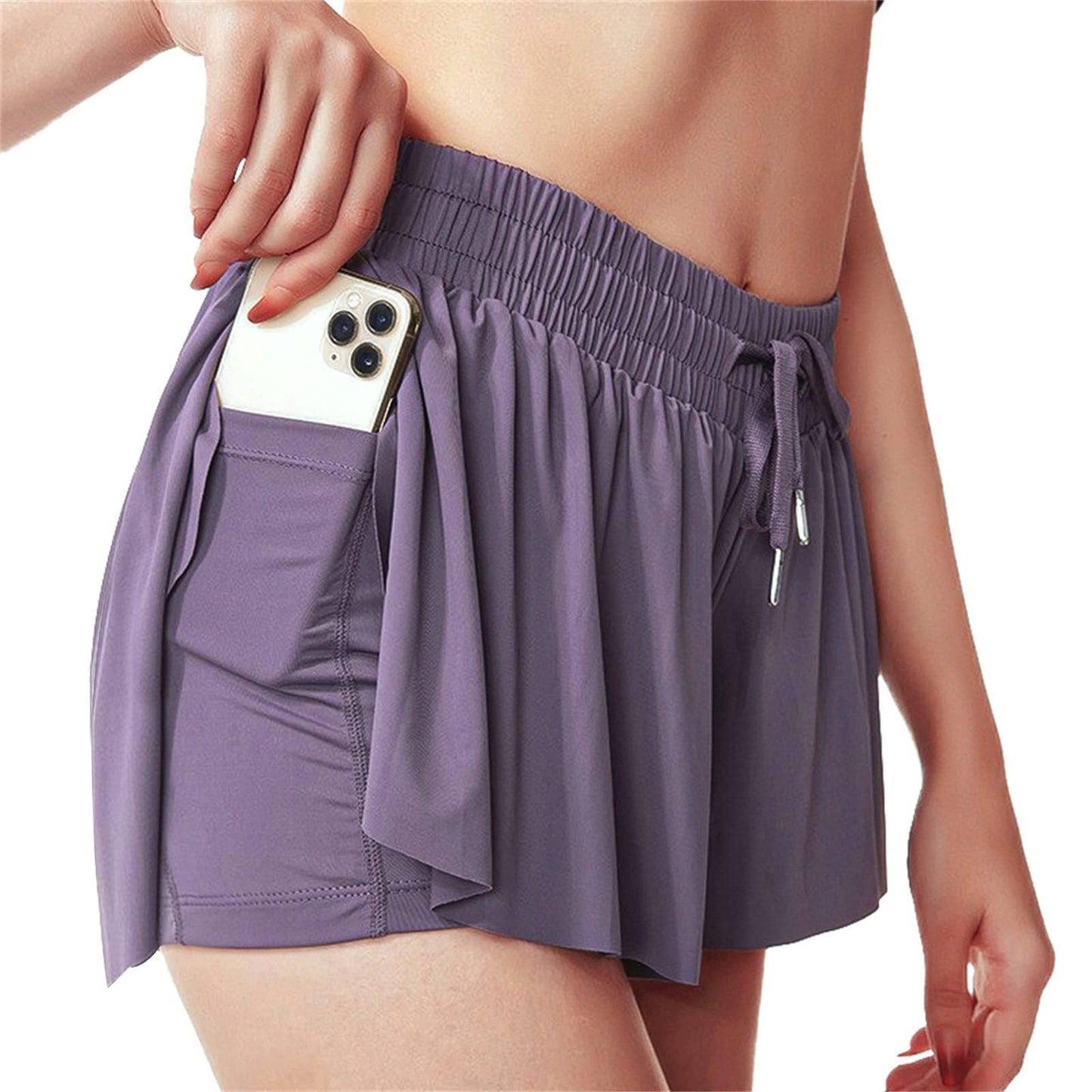 Womens 2 in 1 Flowy Shorts Quick-Dry Running Yoga Shorts Drawstring Fitness Workout Athletic Shorts Dark Purple M