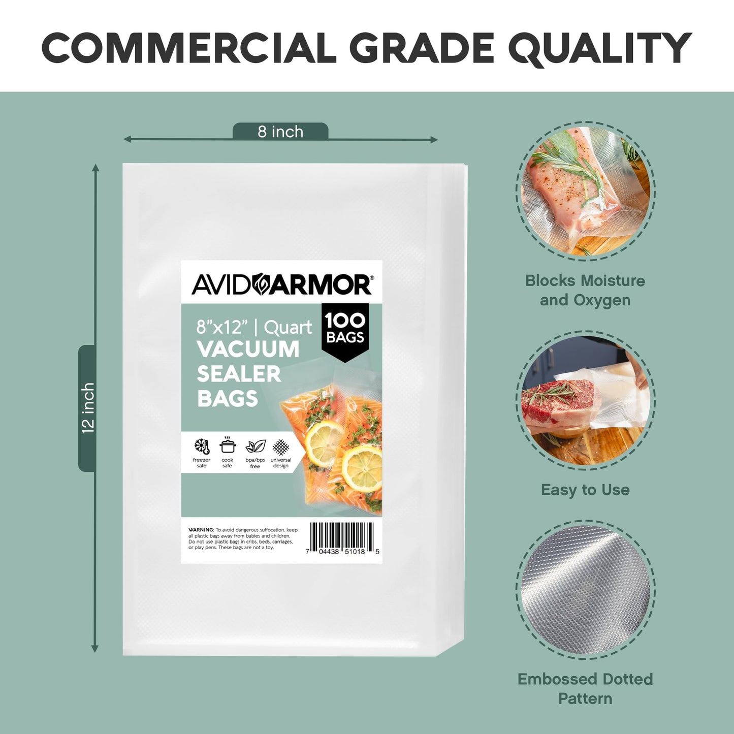 Avid Armor Food Vacuum Sealer Bags – 100-Pack, 8x12” Quart Freezer Bags