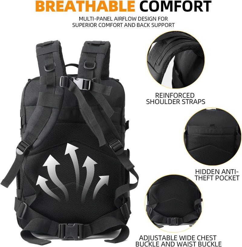 Military Tactical Backpack - 25L EDC MOLLE Rucking Pack | 900D Oxford Nylon, Portable Gear for Hiking & Survival - Black