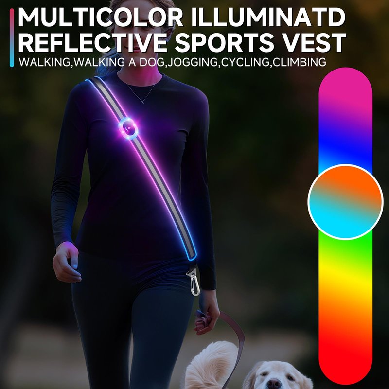 Reflective Sash for Walking at Night, Led Reflective Running Belt for Women & Men, Rechargeable High Visibility Safety Reflective Gear, Adjustable Light Reflector Vest Wear for Cycling Jogging