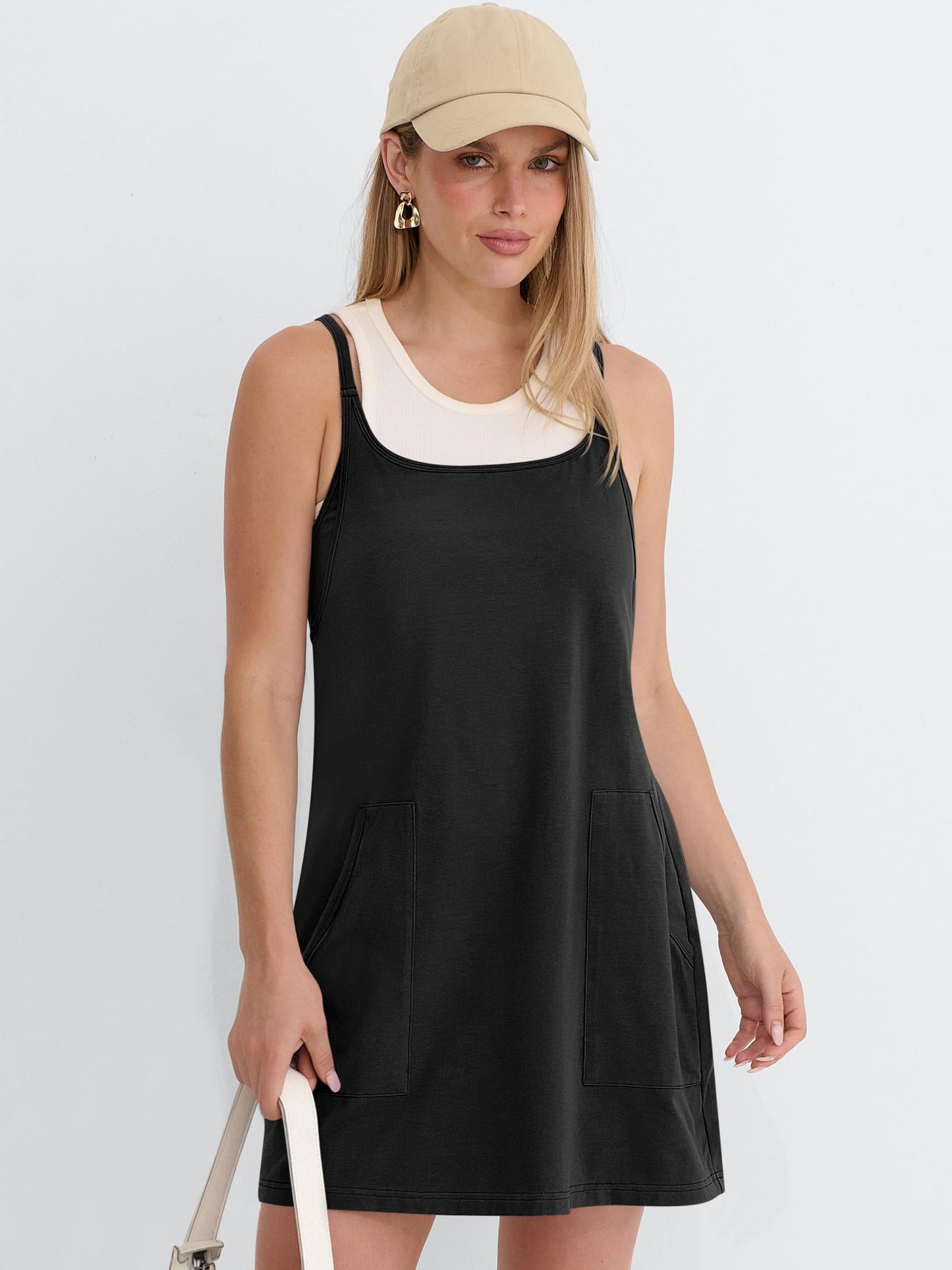 ANRABESS Women Athletic Tennis Dress 2026 Summer Square Neck Active Romper Built in Shorts Casual Athleisure Mini Dresses Black Small