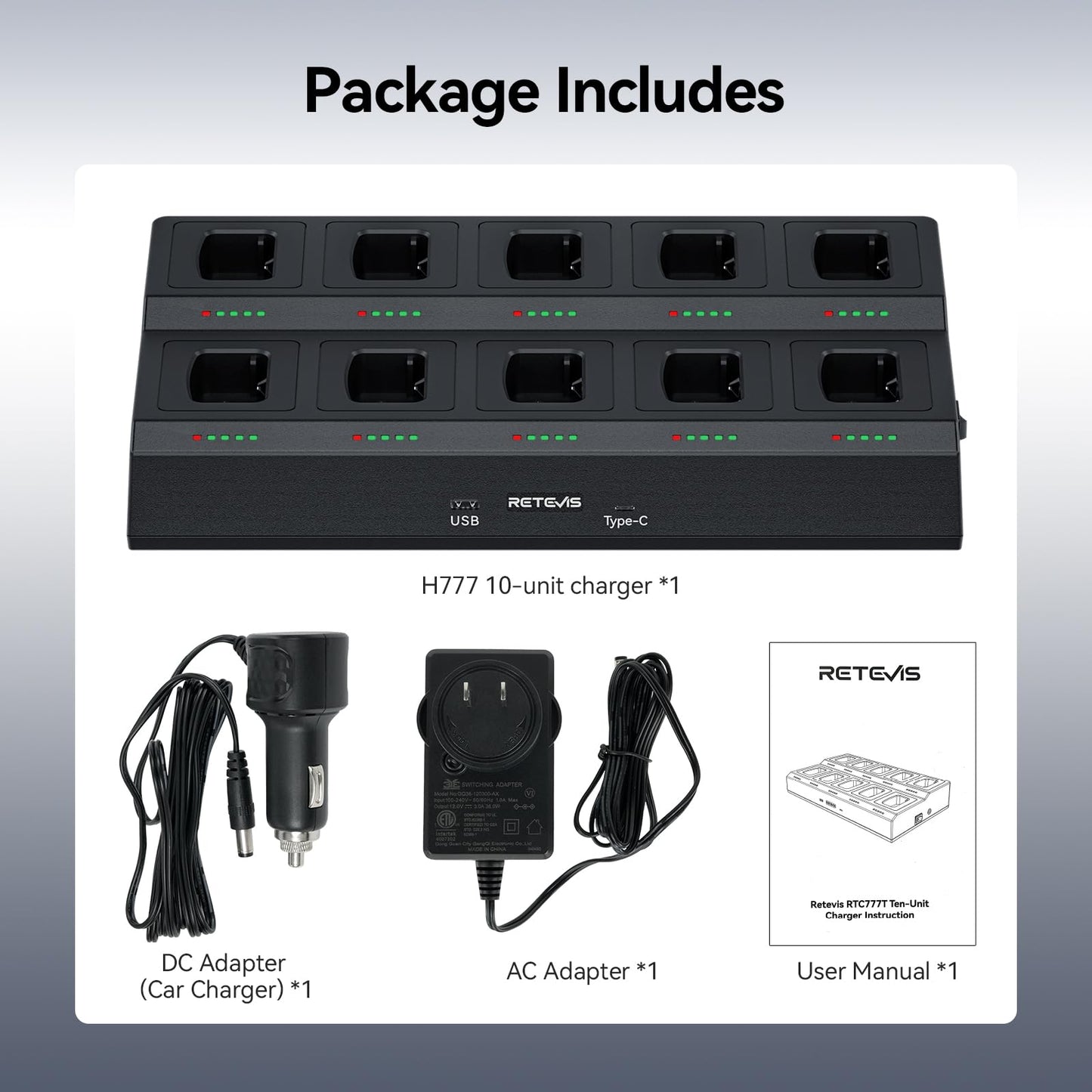 Retevis H-777 10-Way Walkie Talkie Charger, Ten Way Multi Unit Charger, for Retevis H-777 H-777H, H777D Walkie Talkie, 5 LED Indicators, AC/DC Adapter, Replaceable Base(1 Pack)
