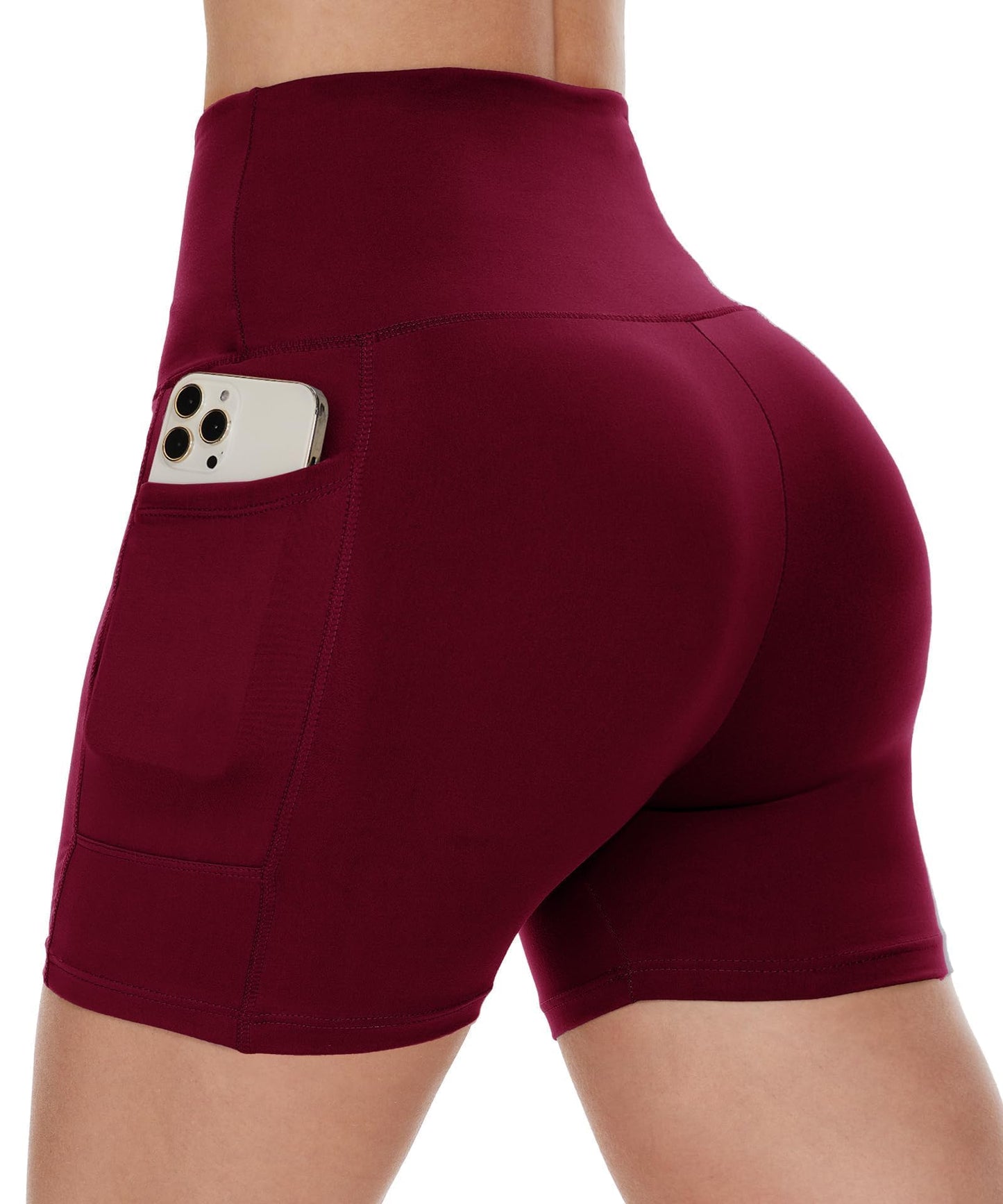 CAMPSNAIL Biker Shorts Women with Pockets - 3"/5"/8" High Waisted Workout Spandex Tummy Control Gym Running Yoga Shorts Burgundy