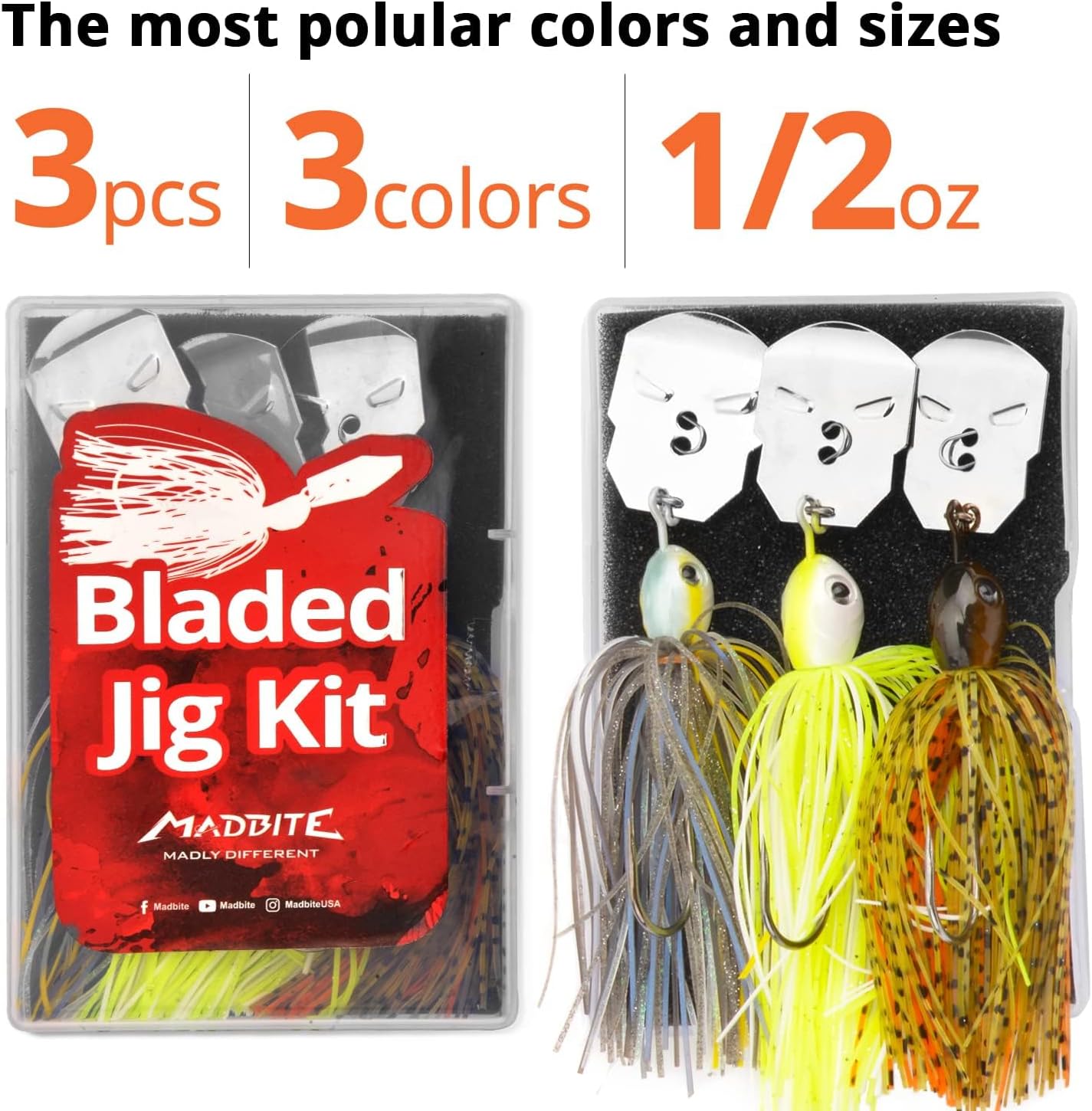MadBite Bladed Jig Fishing Lures - Irresistible Vibrating Action, Multi-Color Kits | 3/8 oz & 1/2 oz Sizes with Storage Box