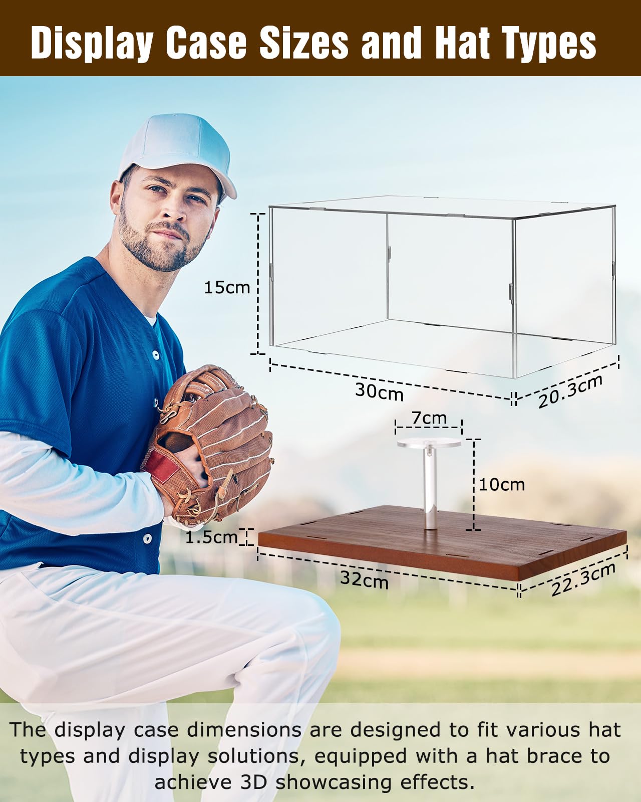 Fitense Acrylic Baseball Hat Display Case Solid Wood Base Cap Shaper