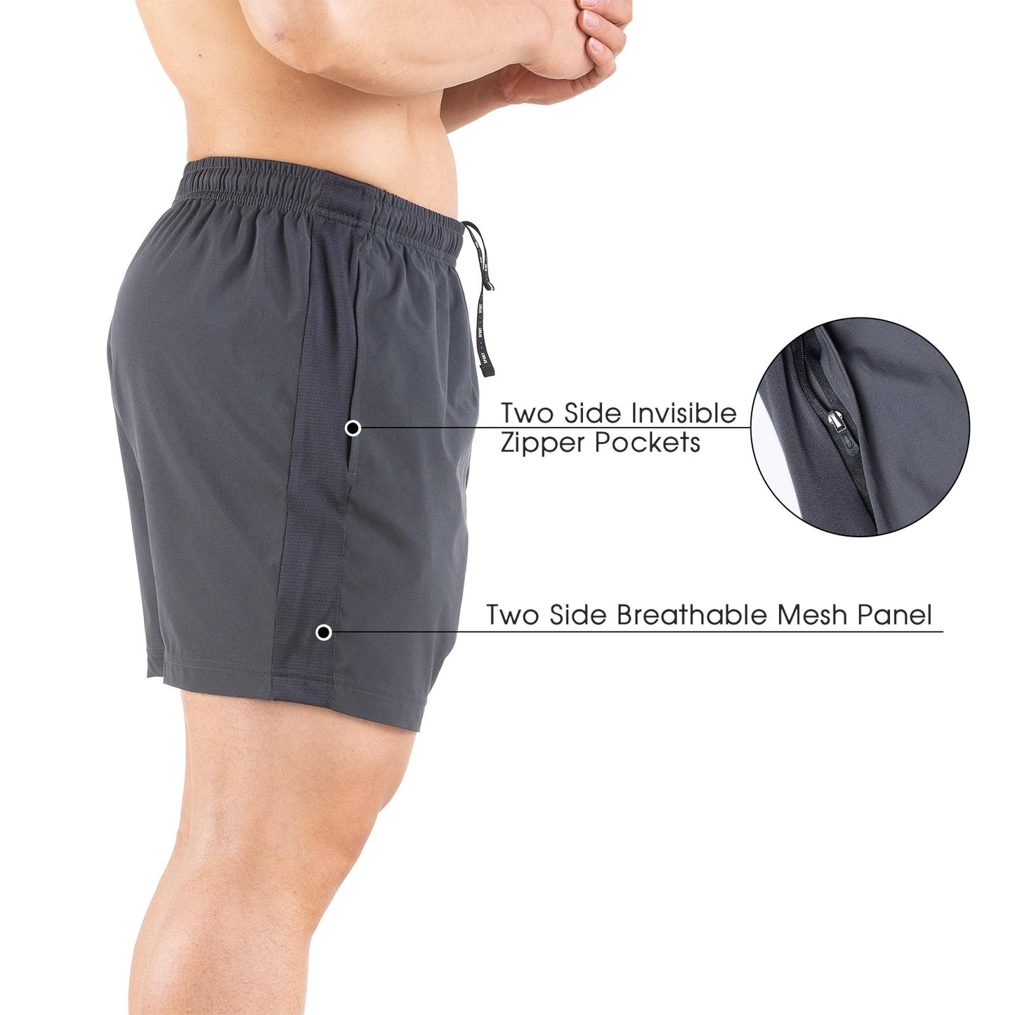 Gaglg Men's 5" Running Shorts 2 Pack Quick Dry Athletic Workout Gym Shorts with Zipper Pockets Dark Grey/Dark Grey,XX-Large