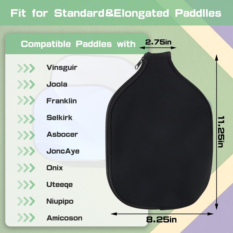 WAQYGZO 2 PCS Pickleball Paddle Covers Black Neoprene Paddle Cover Universal 8.26 x 11.8Inch Zippered Universal Racket Sleeve Paddle Storage Bag Fits USAPA Standard Pickleball Racquets