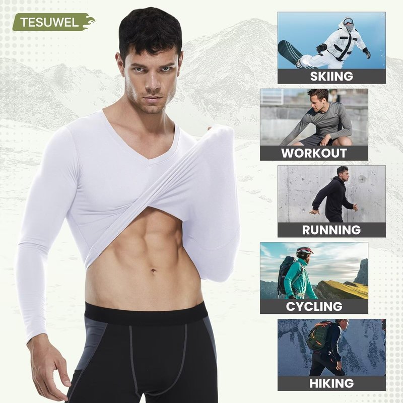 Tesuwel Thermal Shirts for Men Cold Weather Warm Men's Compression Shirts for Running Ski Base Layer Mens Fleece Lined Athletic Underwear Tops for Sports Hiking,High Wicking 511 White L