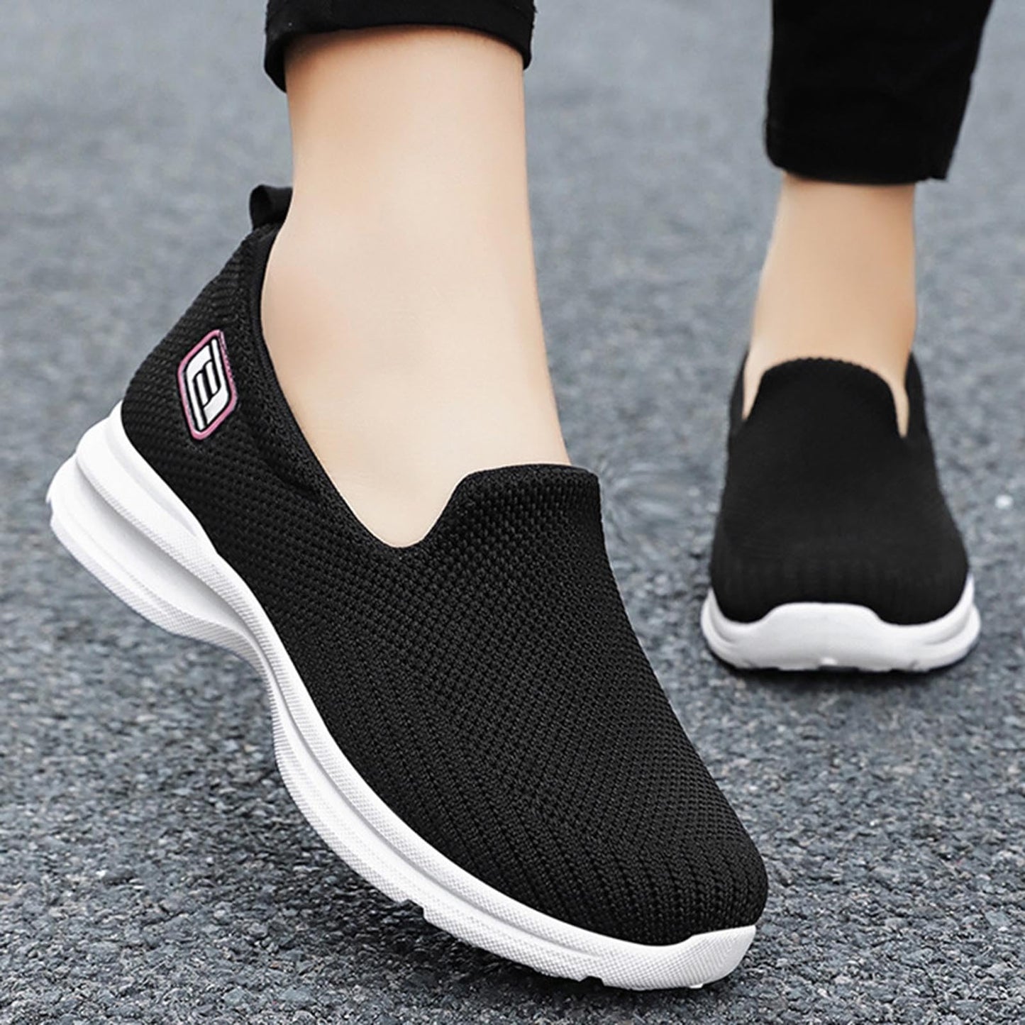 Womens Slip on Walking Shoes Casual Lightweight Sock Shoe Non-Slip Breathable Mesh Fashion Tennis Running Sneakers Black_07, 7.5