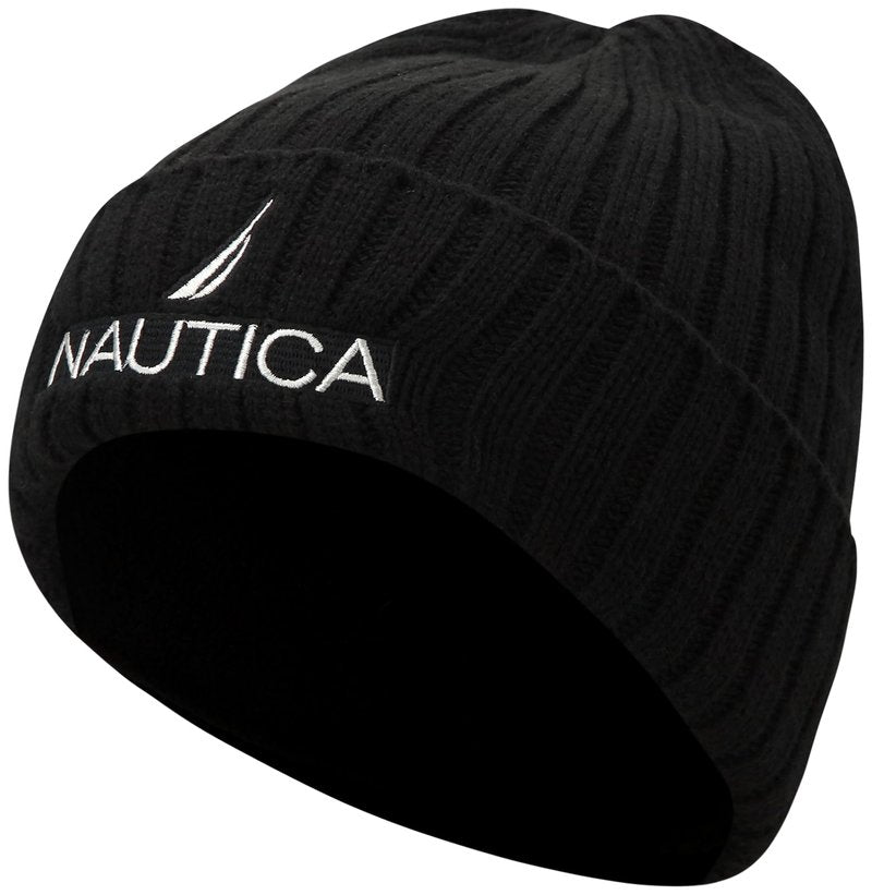 Nautica Mens Beanies - Cozy Warm Knitted Skull Cap Beanie Hats for Men, Soft Fleece Lined Winter Hat for Cold Weather, Obsidian