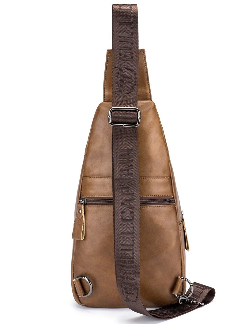 BULLCAPTAIN Leather Men Sling Bag Casual Crossbody Chest Bags Travel Daypack (Yellow brown)
