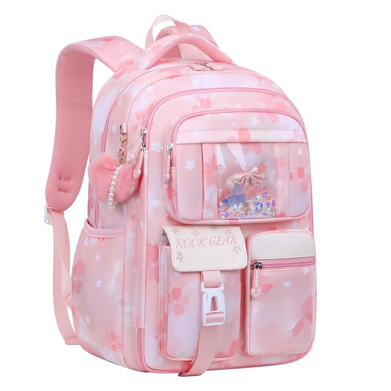 ROOK GEAR Backpack for Girls Kids Toddler, Cute Kawaii School Backpack with Glitter Design, Multi-Compartment Travel Bookbag for Kindergarten Elementary Daily Use (pink, Large)