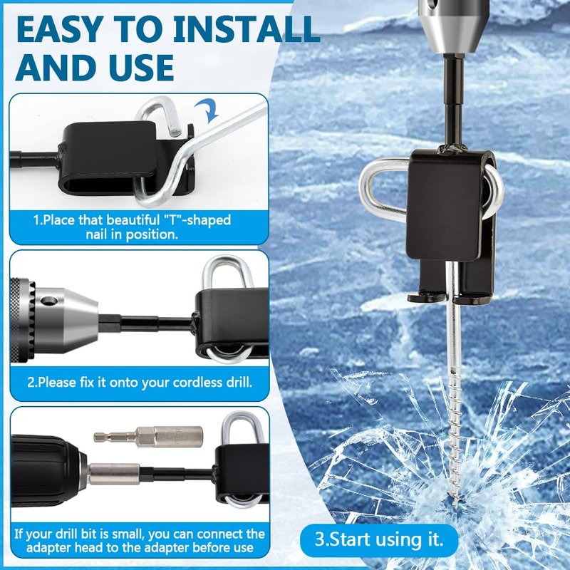 Ice Anchor Tool Kit, Ice Fishing Tent Stakes & Nails with Drill Adapter, Stainless Steel Auger Accessories Set with Threaded Gear & Protective Bag for Camping Shelters and Shanties