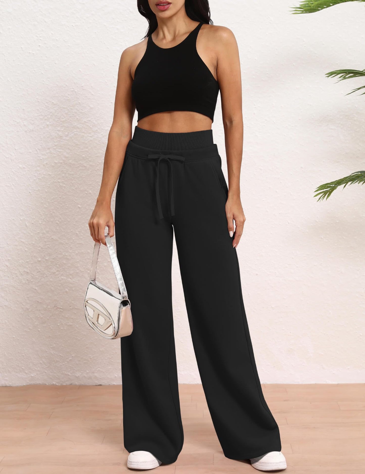 HeSaYep Women's Wide Leg Sweatpants High Waisted Baggy Sweat Pants Drawstring Straight Leg Casual Trousers with Pockets, Black M