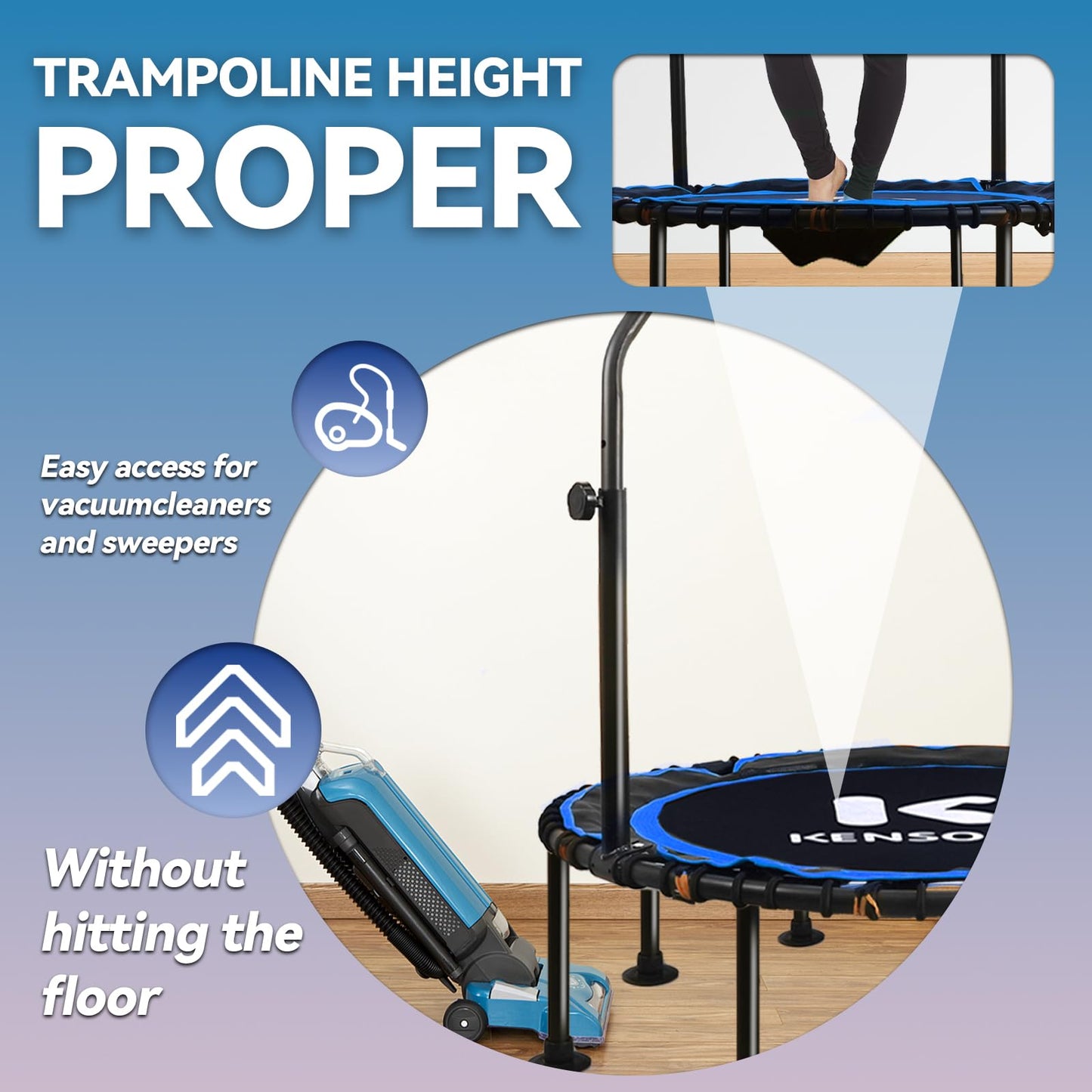 K KENSONE 48" Foldable Rebounder Trampoline for Adults with Bungee, 550 LBS Quiet Indoor Mini Trampoline for Adults Fitness with Adjustable U-Shaped Handle Bar for Gym Workout, Home Exercise, Blue