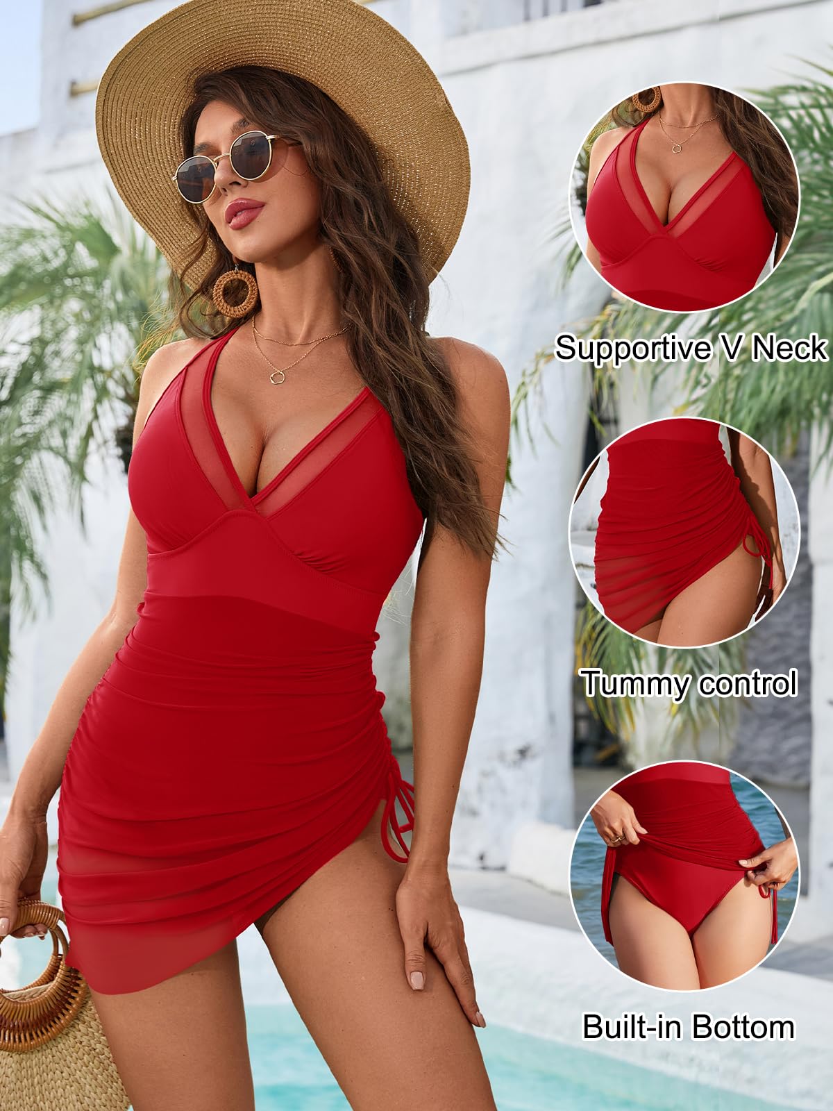 Blooming Jelly Women One Piece Swimsuits Tummy Control Swim Dress Slimming Sexy Sarong Wraps Swim Suits (L, Ruby Red)
