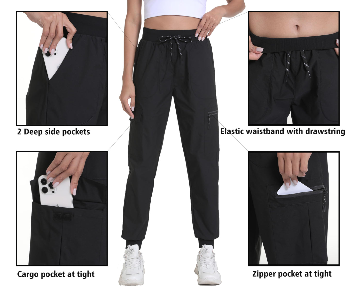 Womens Hiking Pants Water Resistant - Cargo Joggers for Women with Pockets Lightweight Quick Dry Travel Camping Pants(Tapered Black, Medium)
