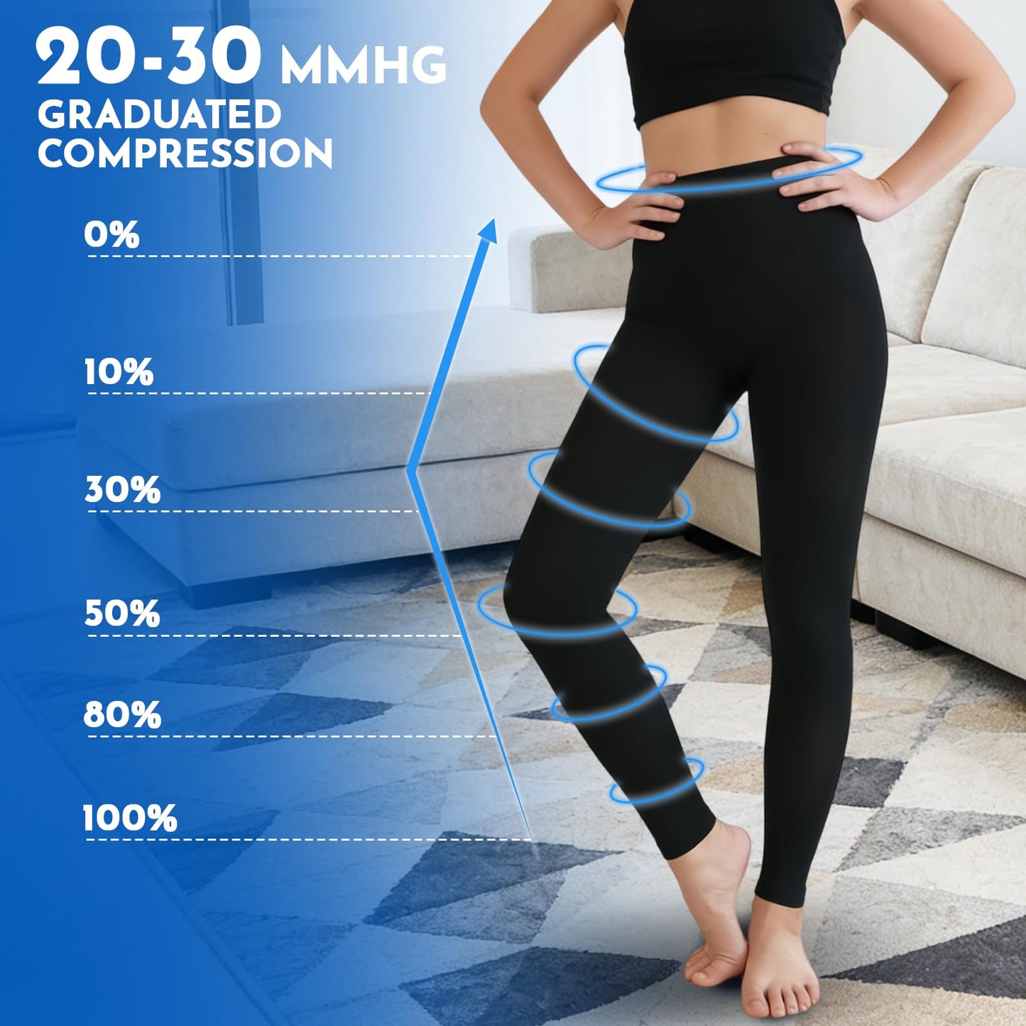 Compression Tights Women, 20-30mmHg Graduated Support Compression Pantyhose Footless Medical Compression Stockings High Waist Compression Leggings for Varicose Veins, Edema, DVT(Black, X-Large)
