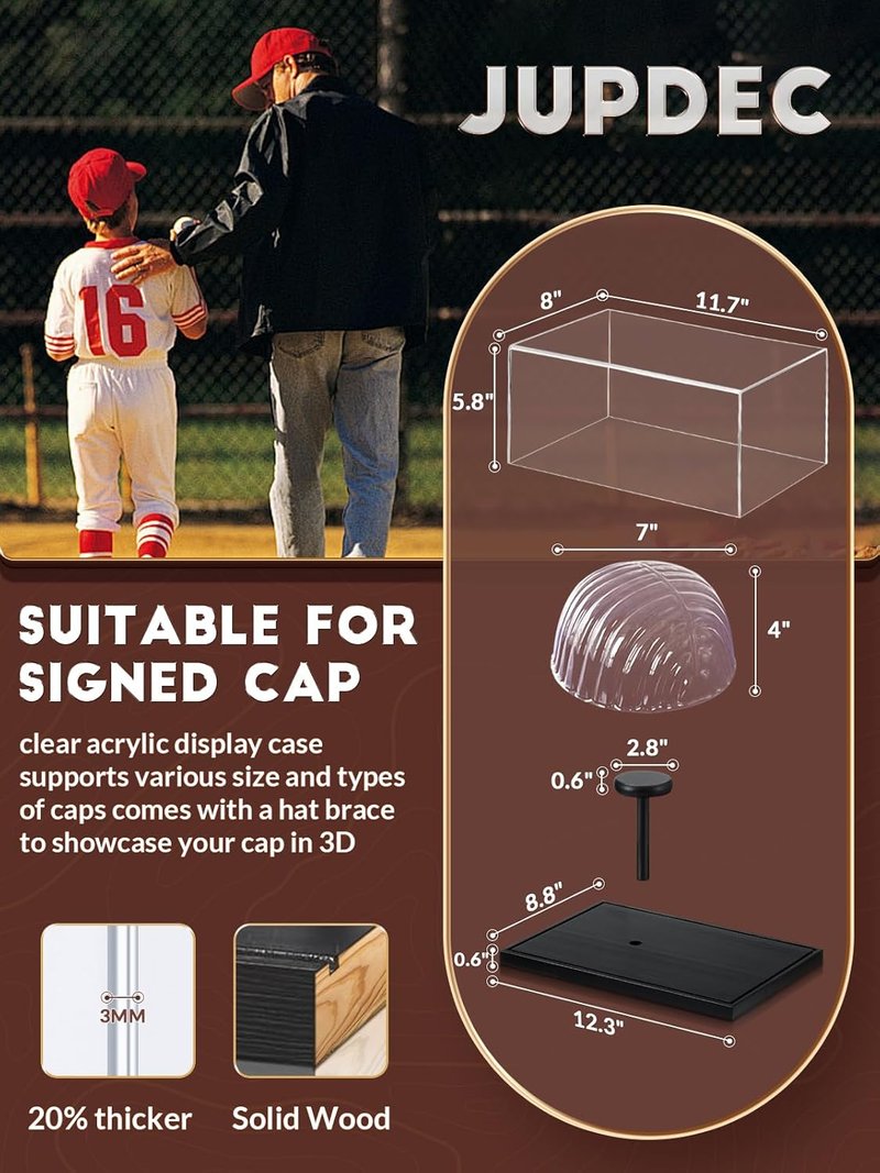 Acrylic Baseball Cap Display Case - Clear UV Protection Showcase with Solid Wood Base & Hat Shaper | Ideal Gift for Collectors, Black
